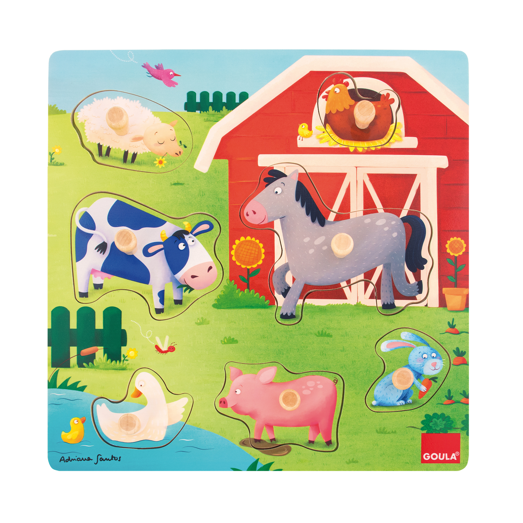 Un rompecabezas de granja con una vaca, un caballo, un cerdo, una oveja, un pato y una gallina.