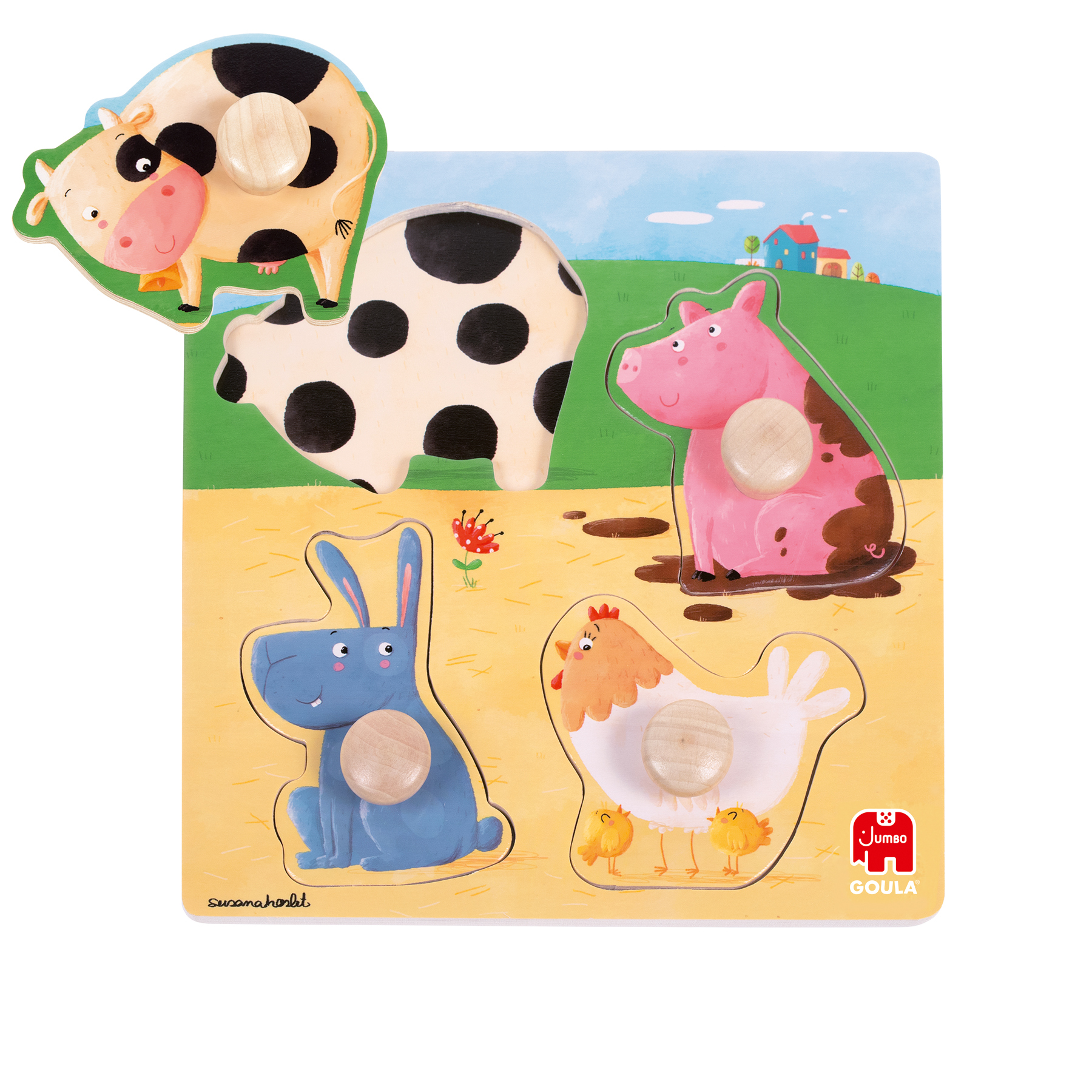 Drewniana układanka ze zwierzętami gospodarskimi: krową, świnią, królikiem i kurczakiem.