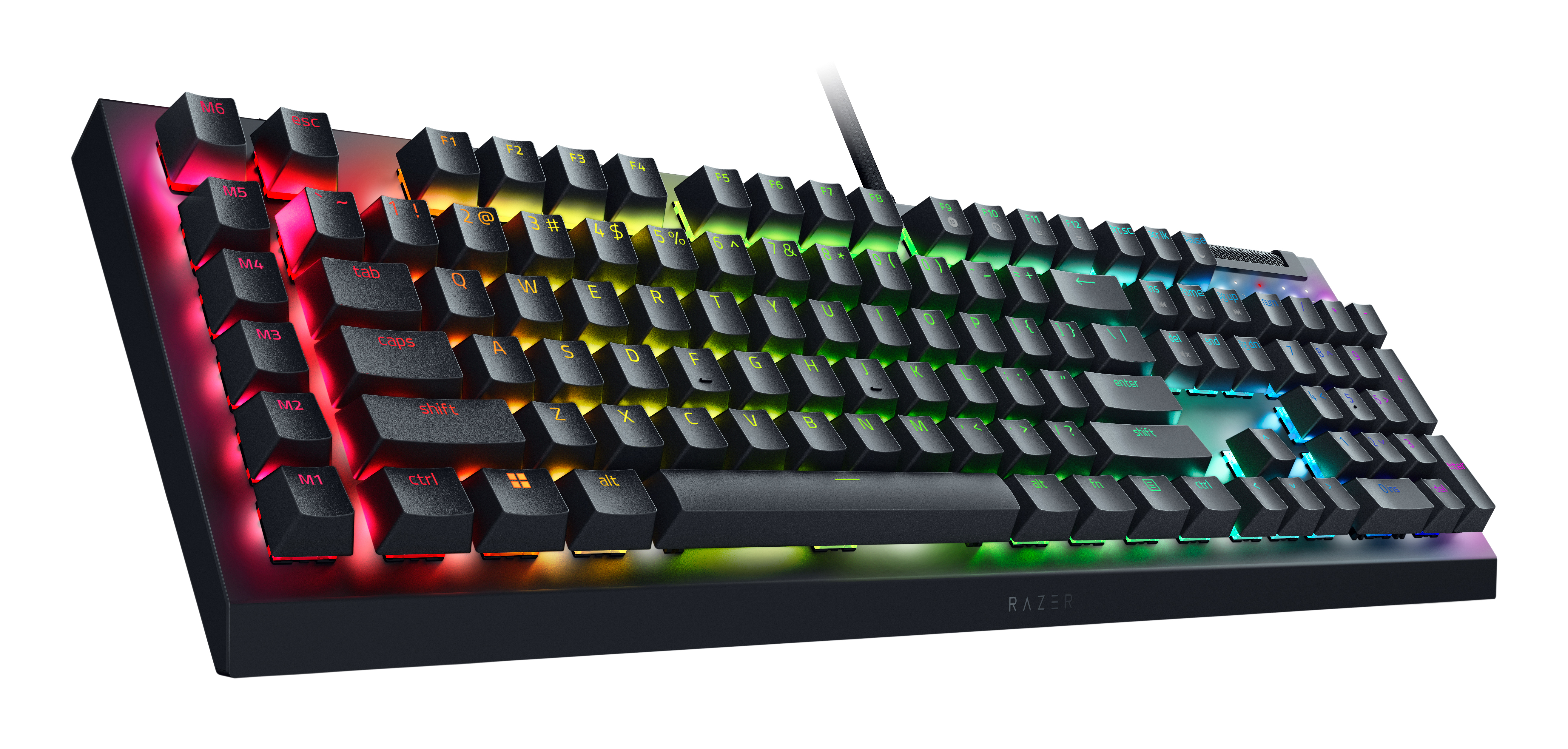 Renkli arkadan aydınlatmalı tuşlara sahip siyah klavye. Razer markası görünür.