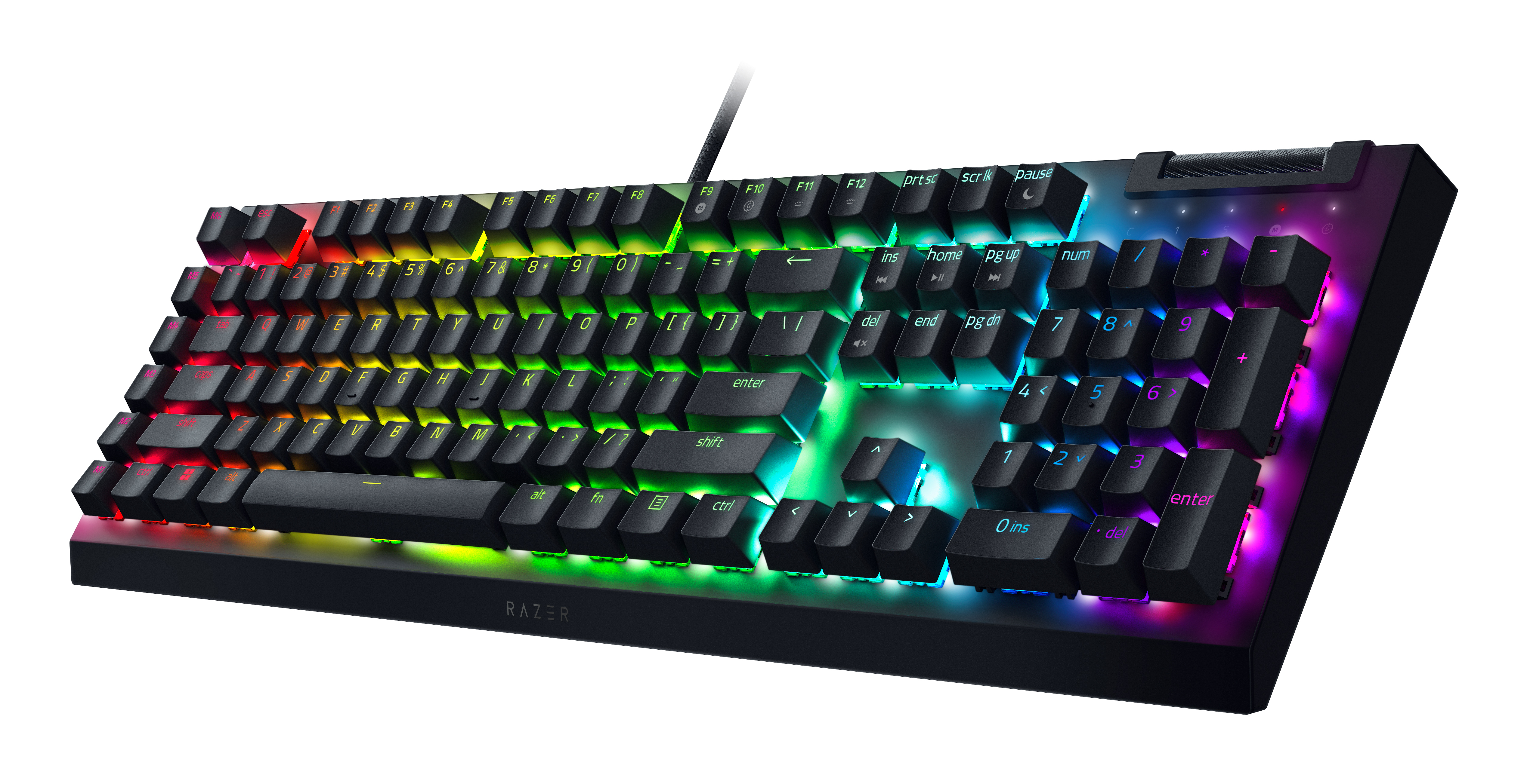 Renkli arkadan aydınlatmalı tuşlara sahip siyah klavye. Razer markası görünür.