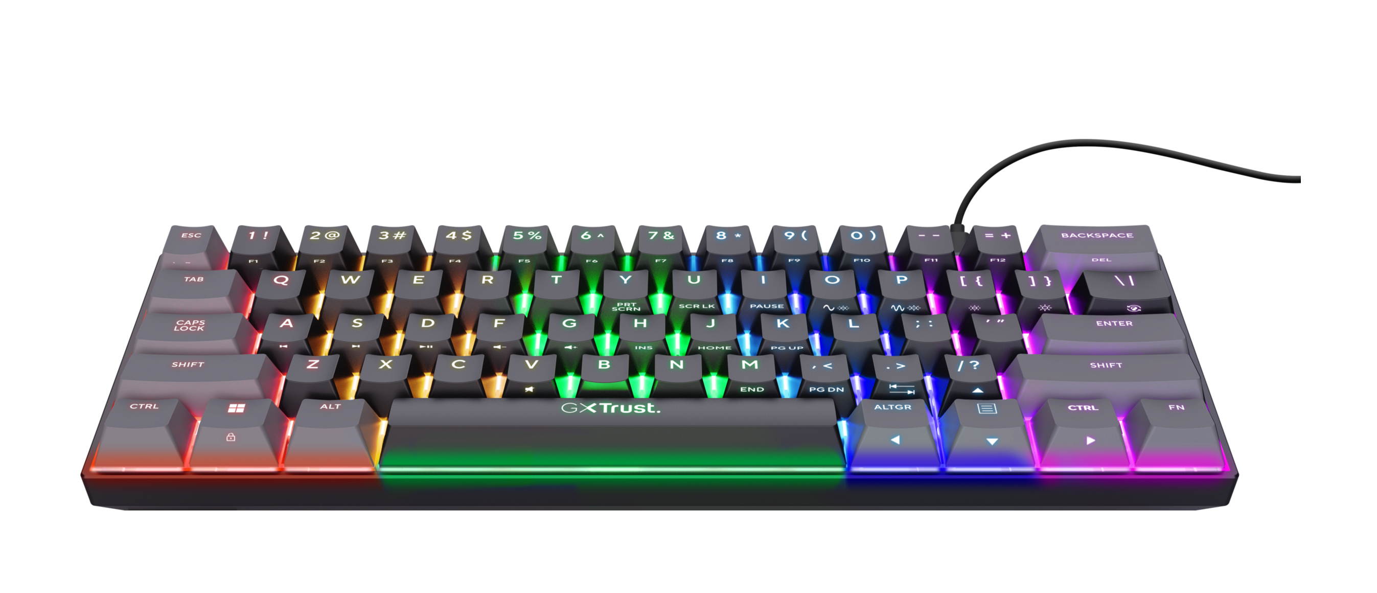 Czarna i szara klawiatura z kolorowymi podświetlanymi klawiszami. Klawiatura ma połączenie przewodowe.