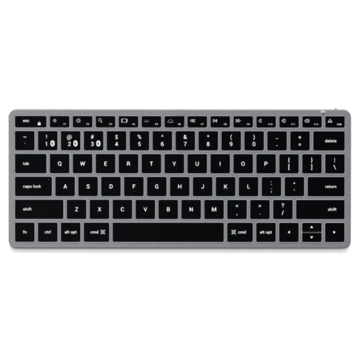 Eine graue, kabellose Tastatur mit schwarzen Tasten, die Buchstaben, Zahlen und Funktionstasten zeigt.