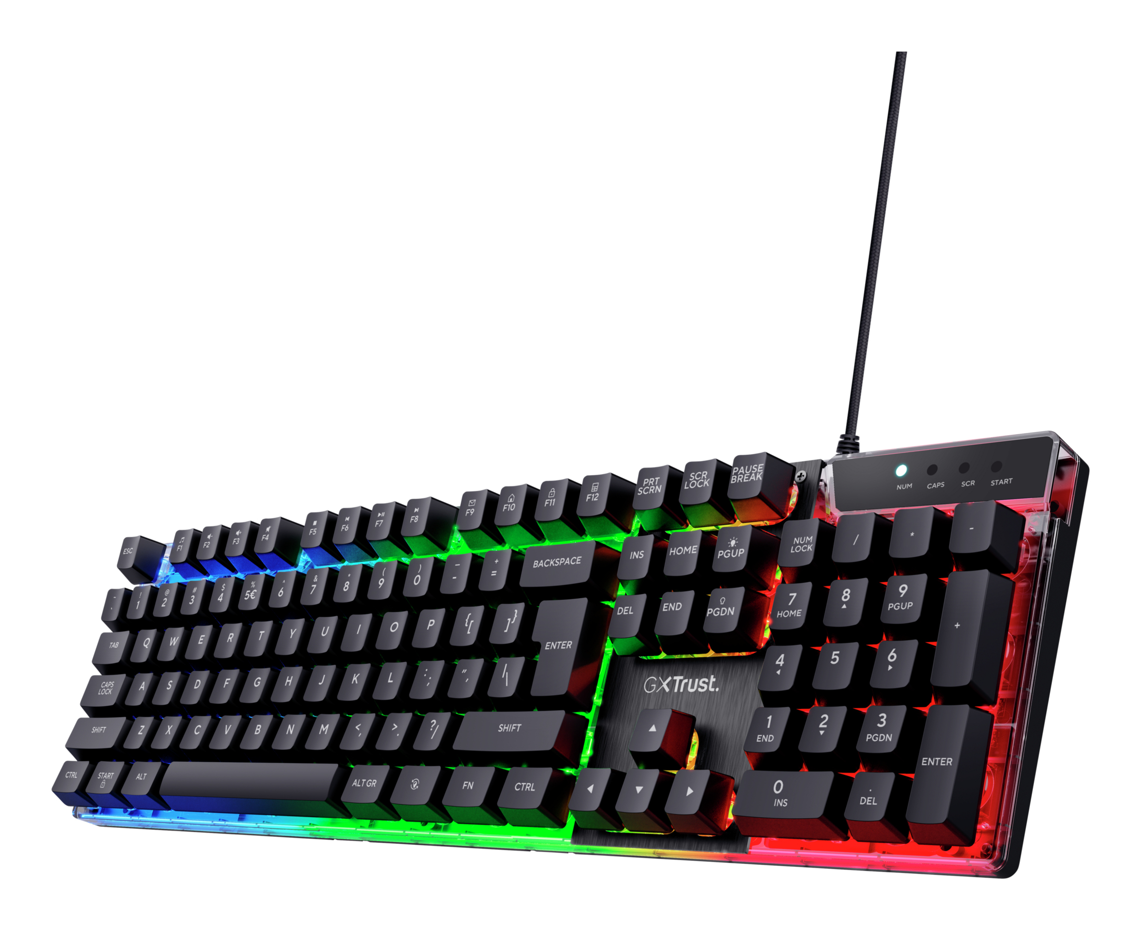 Black gaming keyboard with RGB lighting, with keys lit in multiple colors.