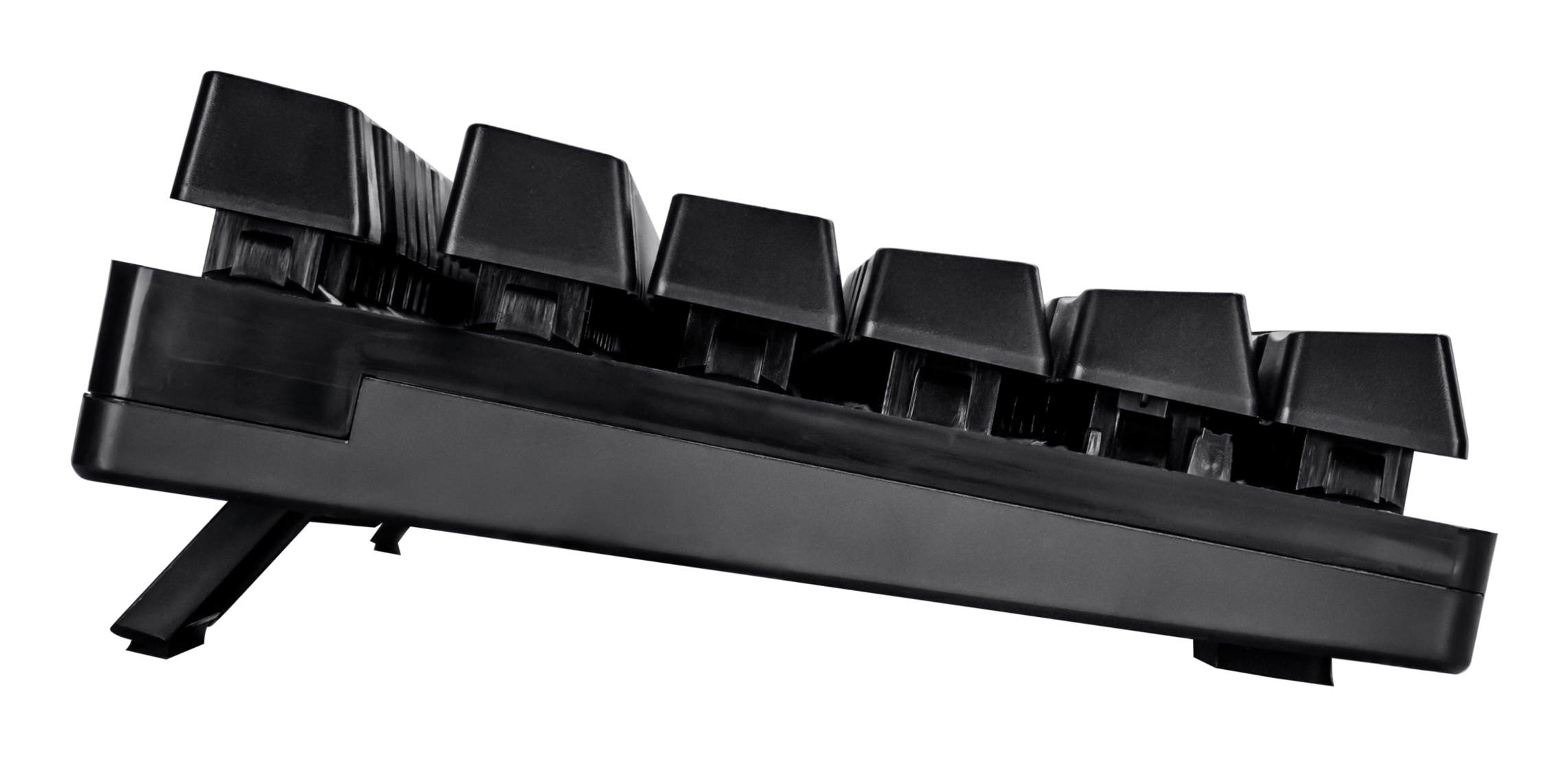 Close up of a black keyboard, angled upwards. Keys visible, showing keycaps and the base.