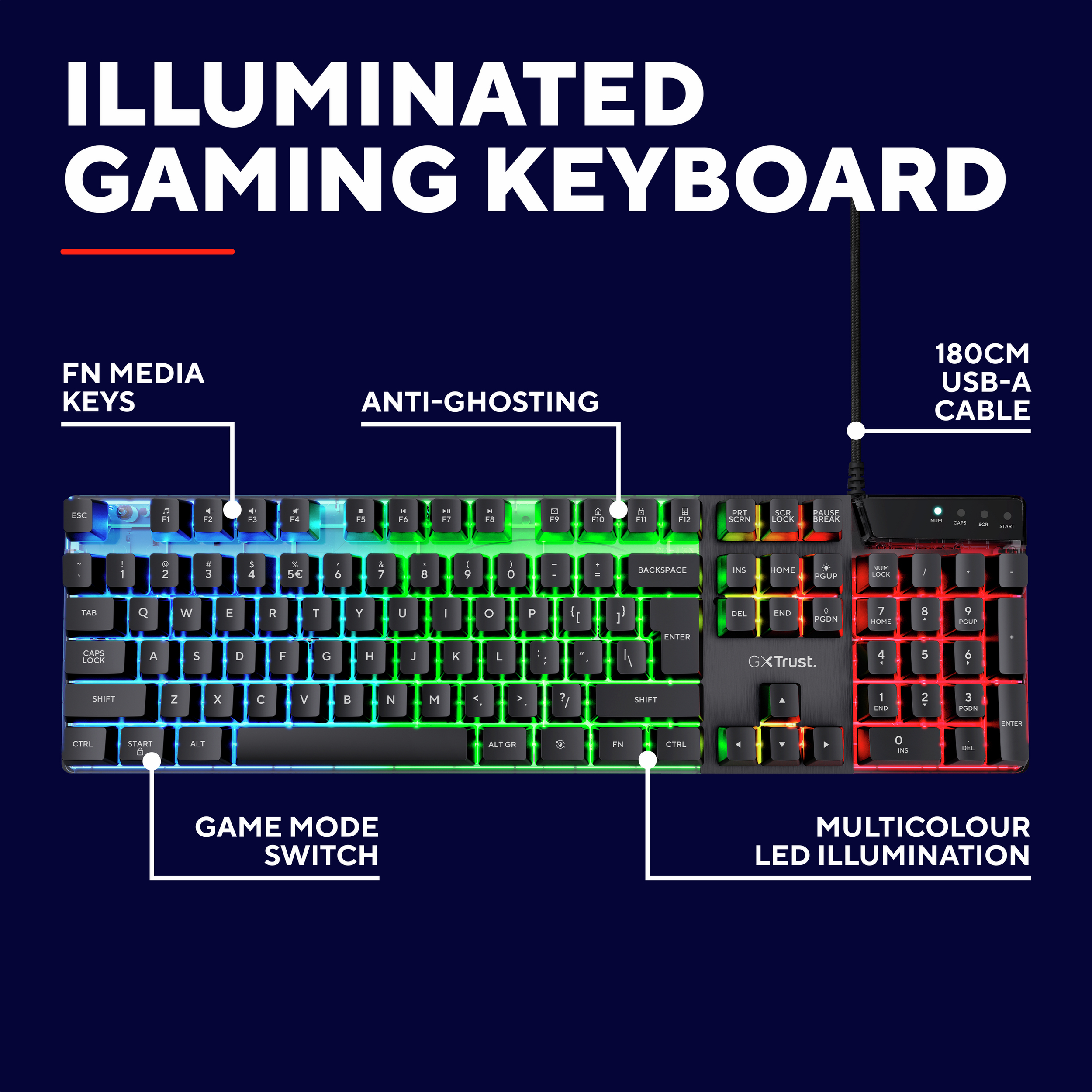 Gaming keyboard with RGB lighting, featuring a full layout, and labeled FN media keys.