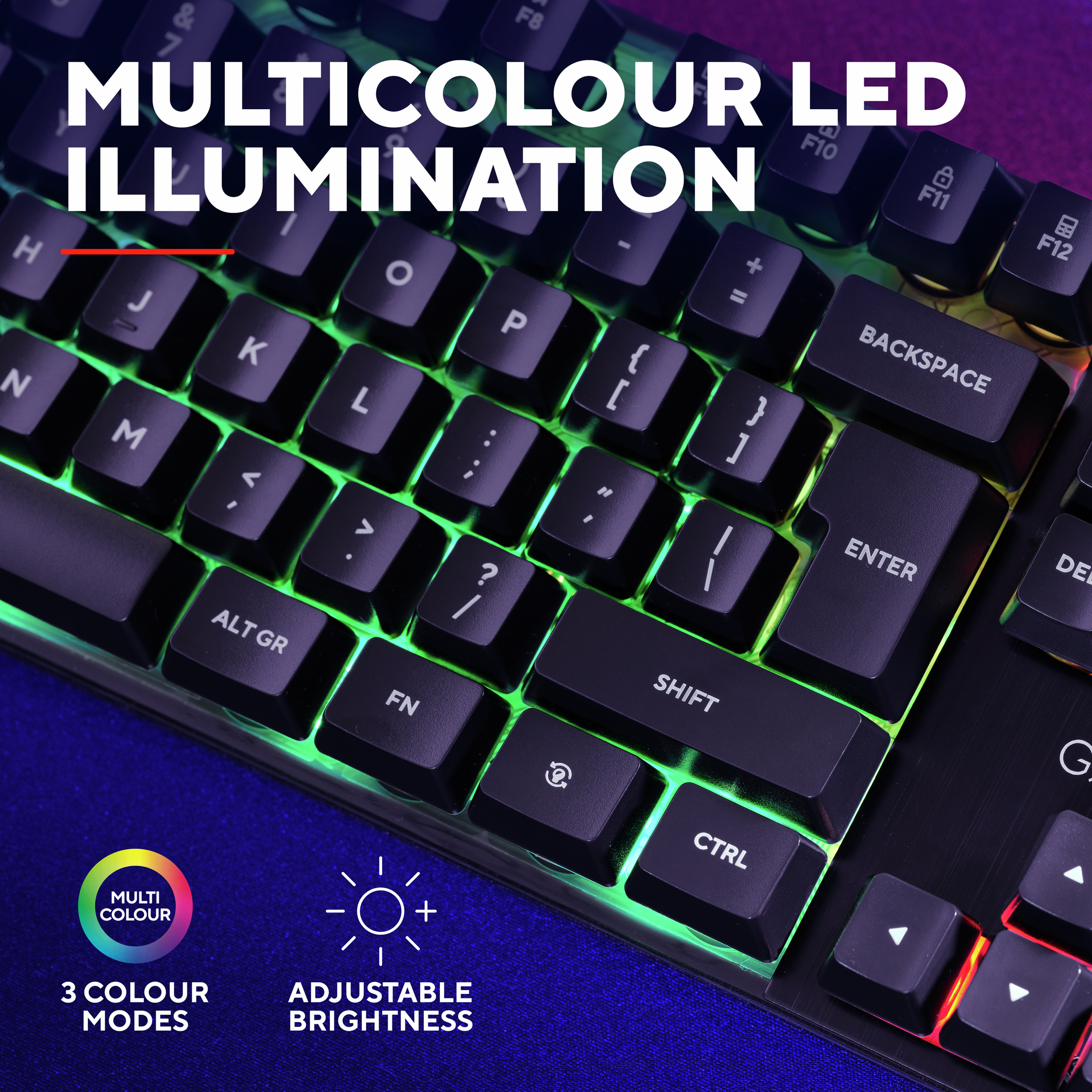 Close up of a keyboard with multi-color LED illumination. Shows various color modes and adjustable brightness.
