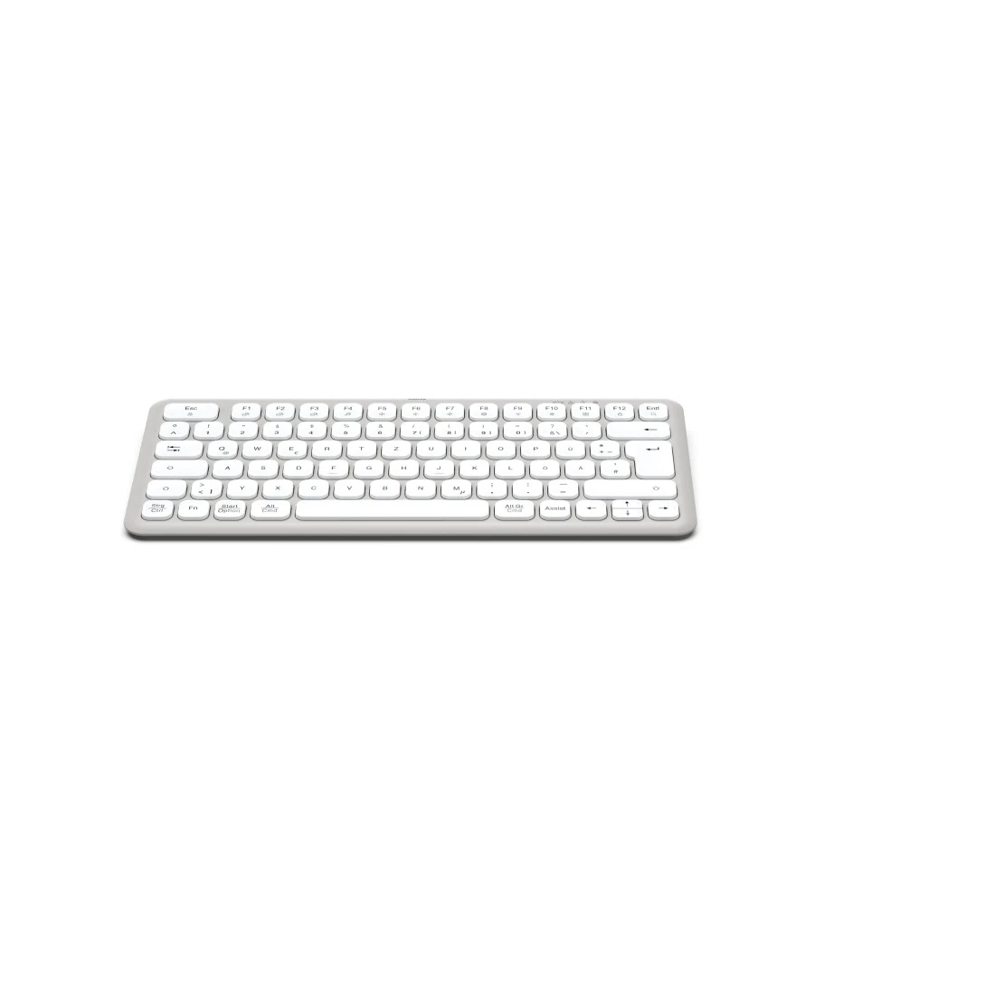 Tastiera wireless argento e bianca su sfondo bianco, design minimalista.