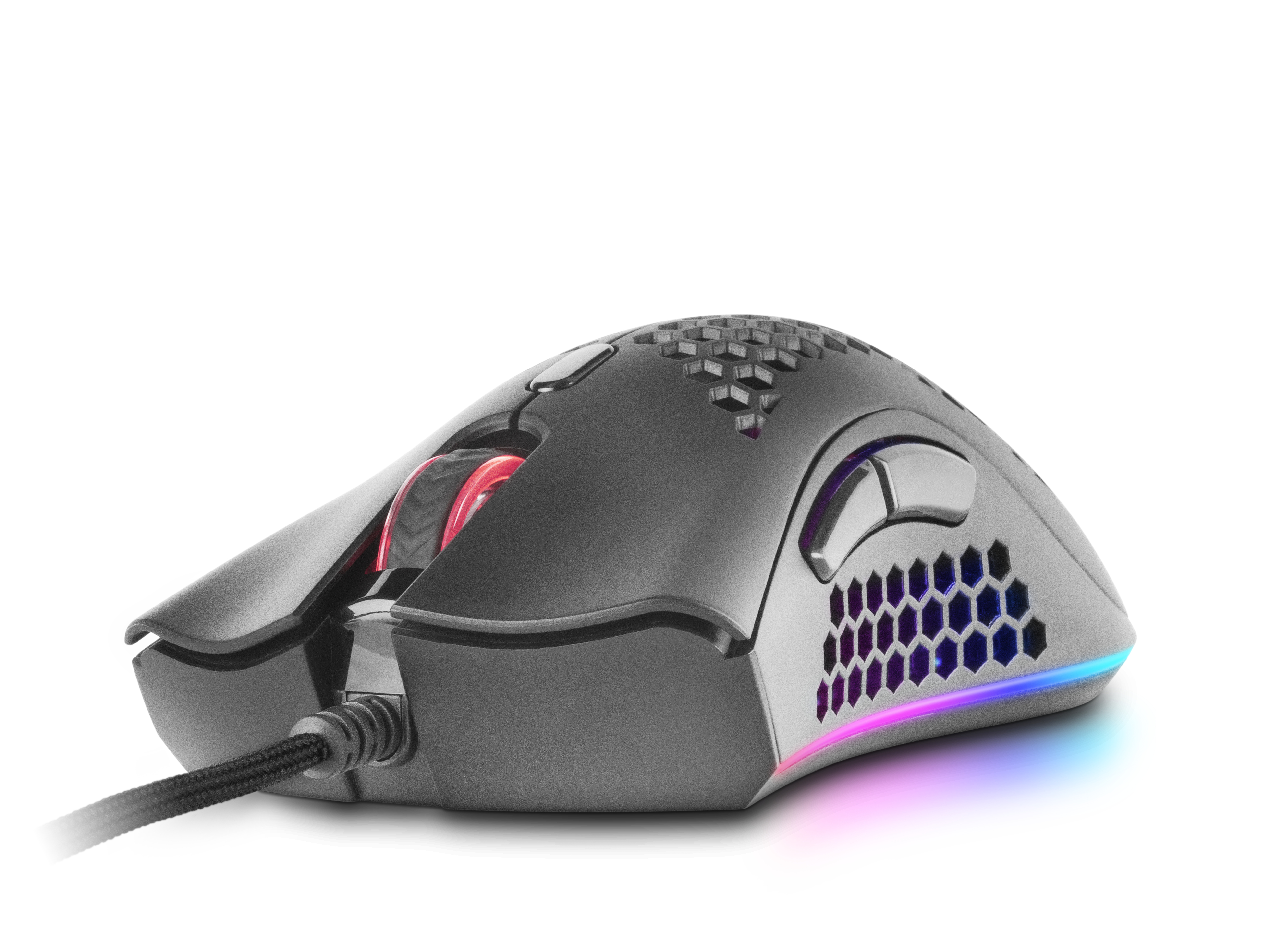 Mouse da gioco, nero con design a nido d'ape, illuminazione RGB e cavo intrecciato.