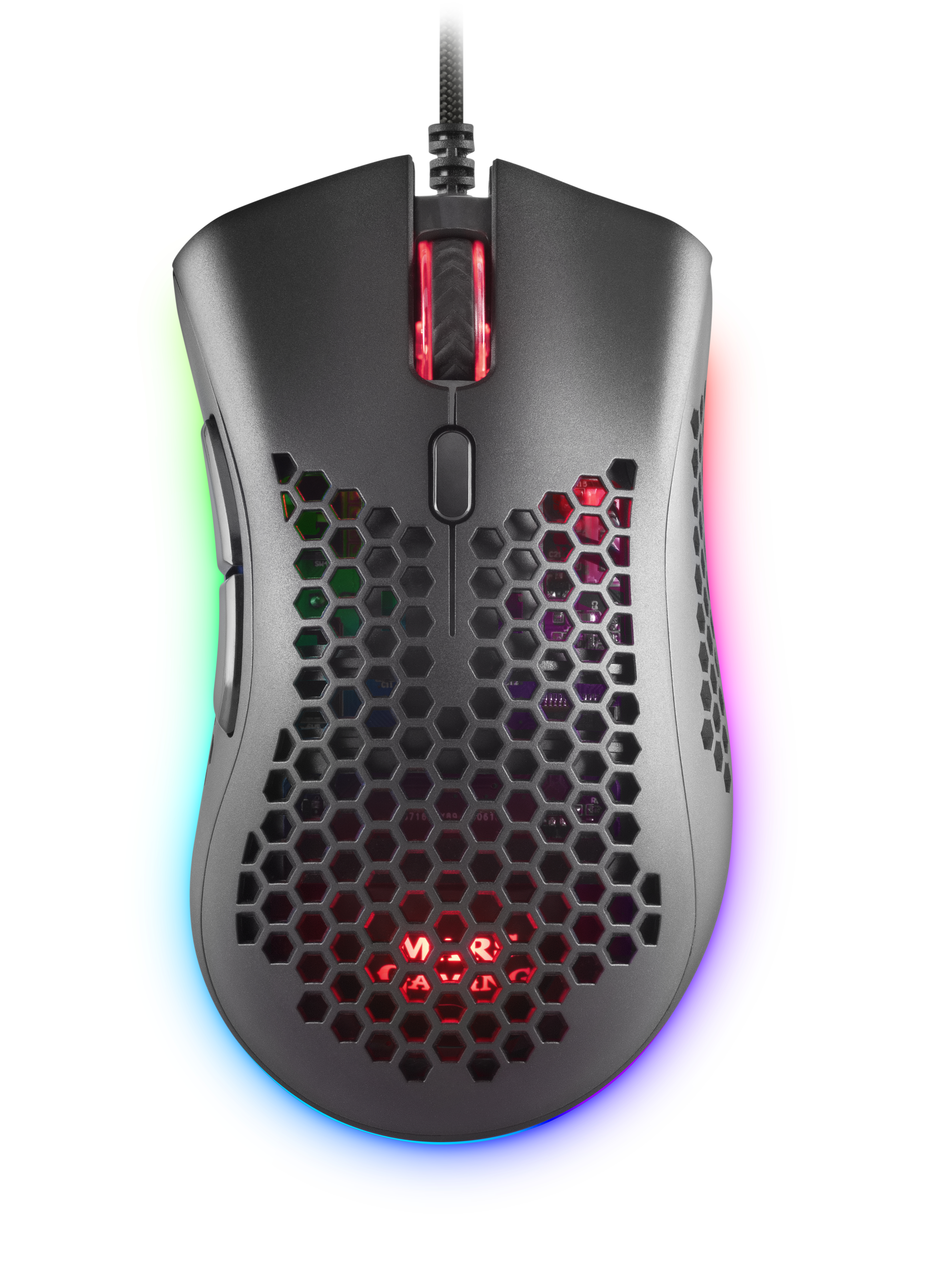 Mouse gaming nero con design a nido d'ape, illuminazione RGB. Sfondo bianco.