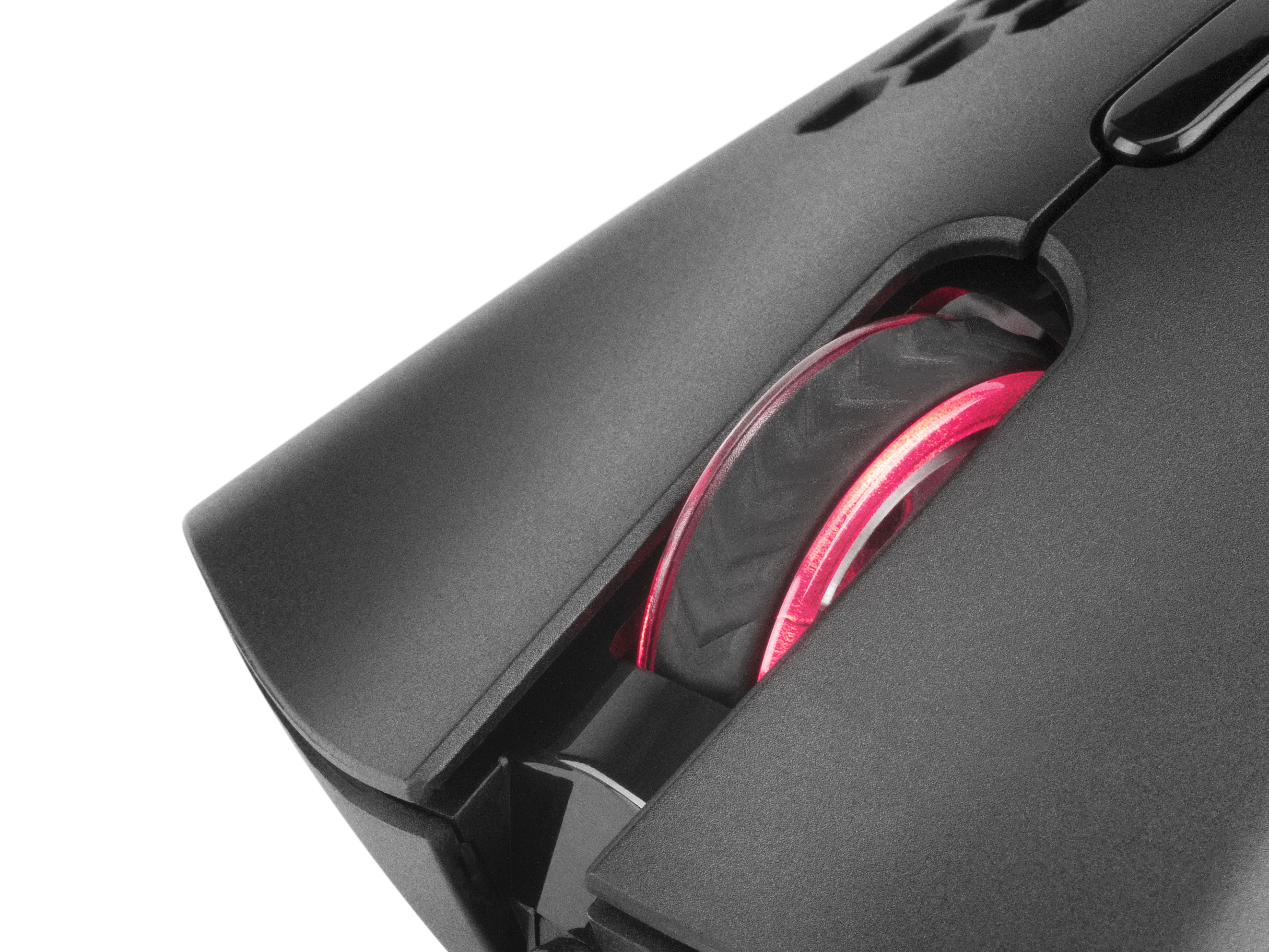 Un mouse per computer nero, con una rotella illuminata di rosso.