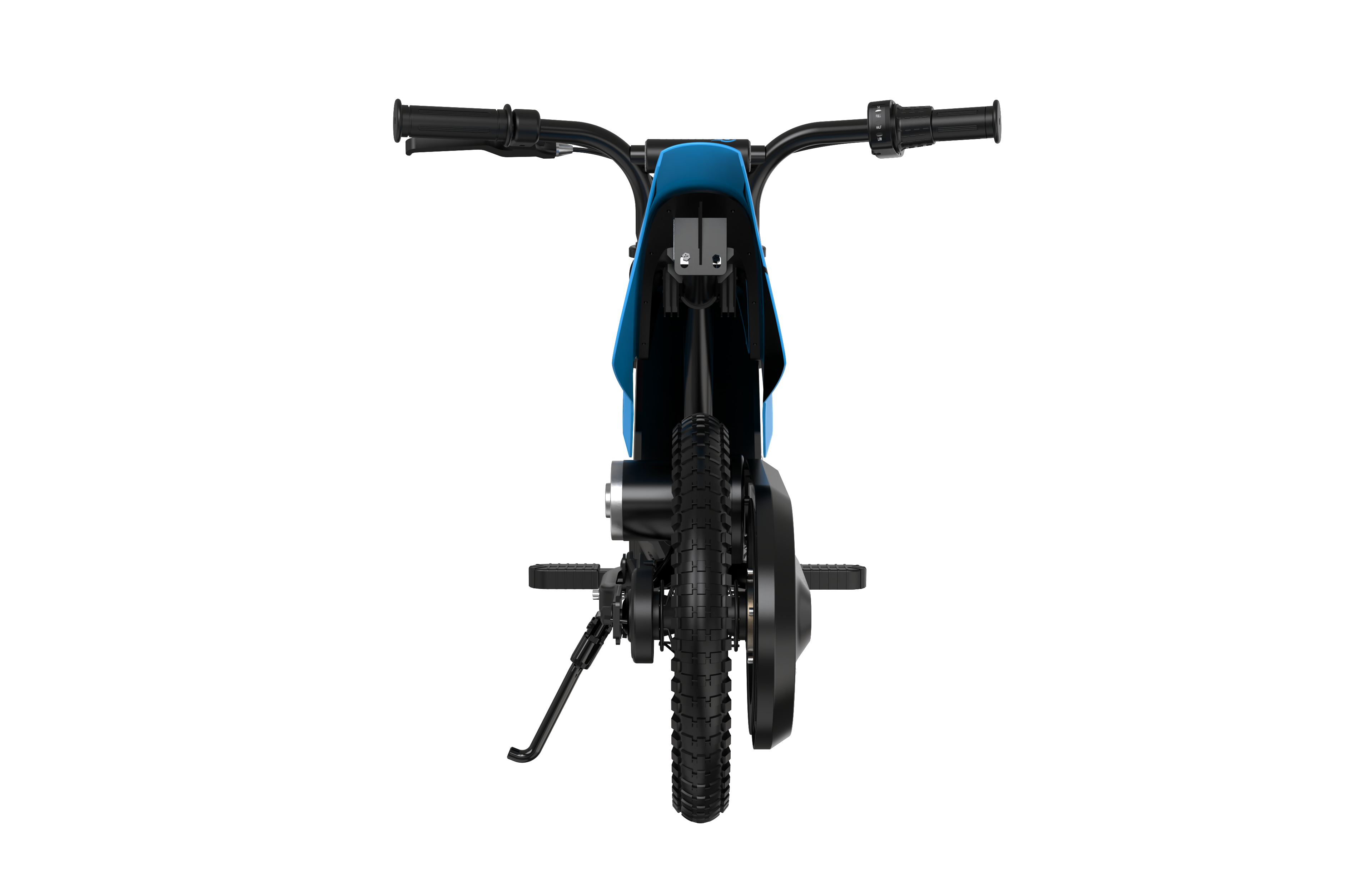 Widok z tyłu niebiesko-czarnego mini motocykla. Widoczne są opony, tylny błotnik i zawieszenie.