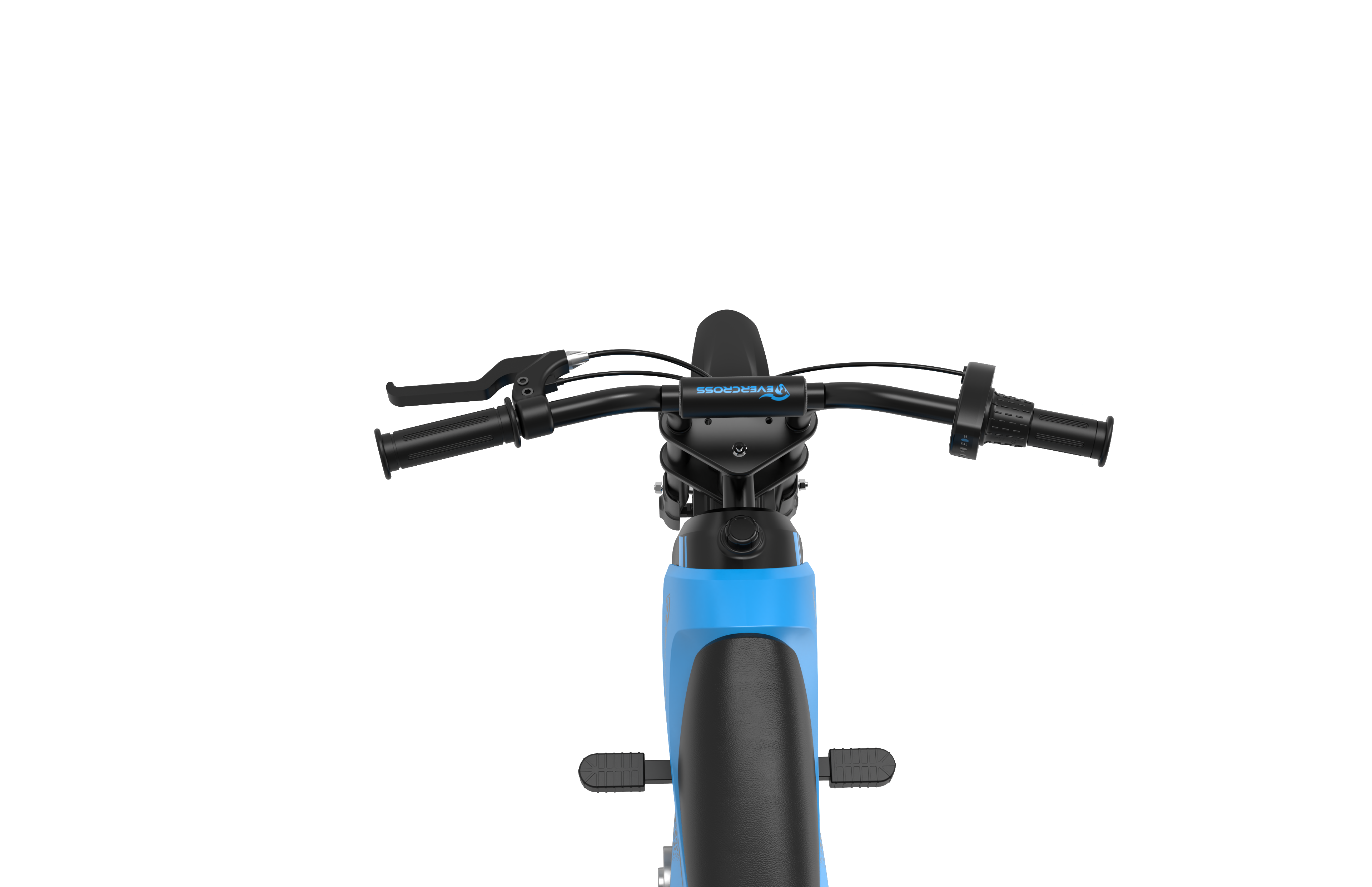 Widok z góry na niebieską i czarną kierownicę i elementy sterujące skutera elektrycznego.