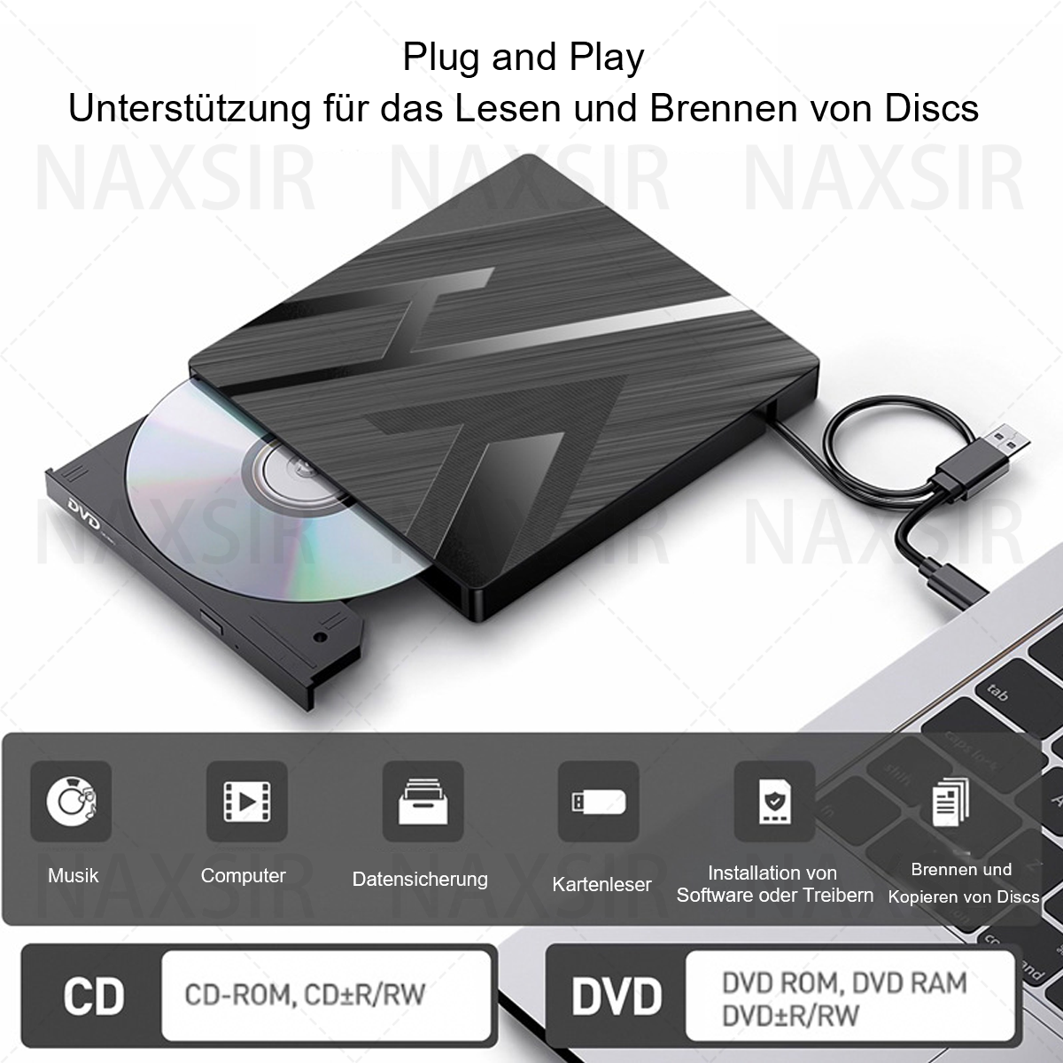 DVD-Laufwerk mit eingelegter silberner Disc, über USB-Kabel mit Laptop verbunden.