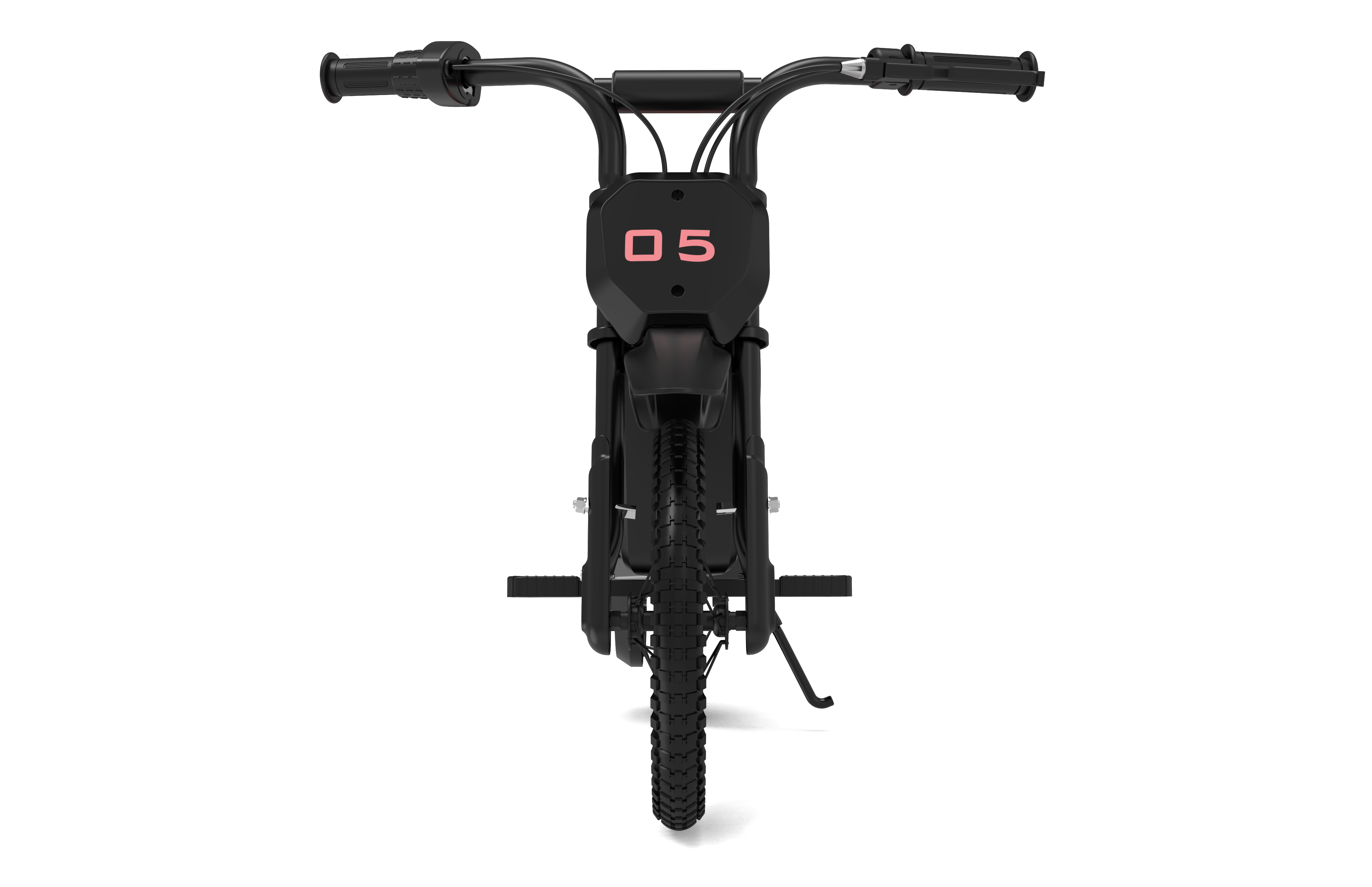 Widok z przodu czarnego mini motocykla z różowym numerem 05. Czarny motocykl na białym tle.