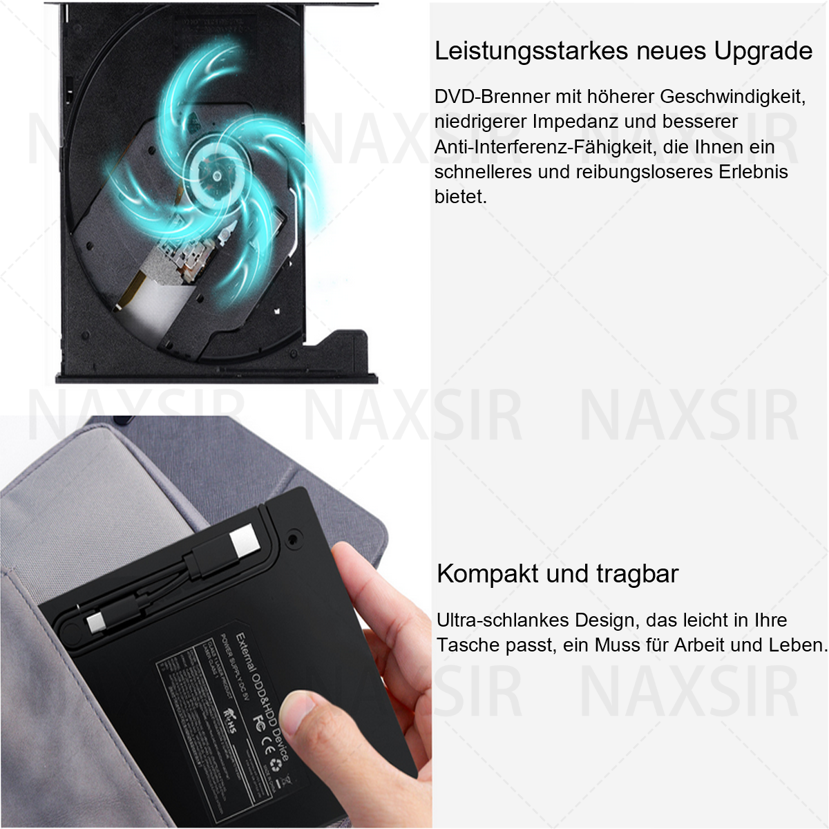 Nahaufnahme eines DVD-Laufwerks mit sich drehendem Lüfter und einer Hand, die das externe Laufwerk hält.