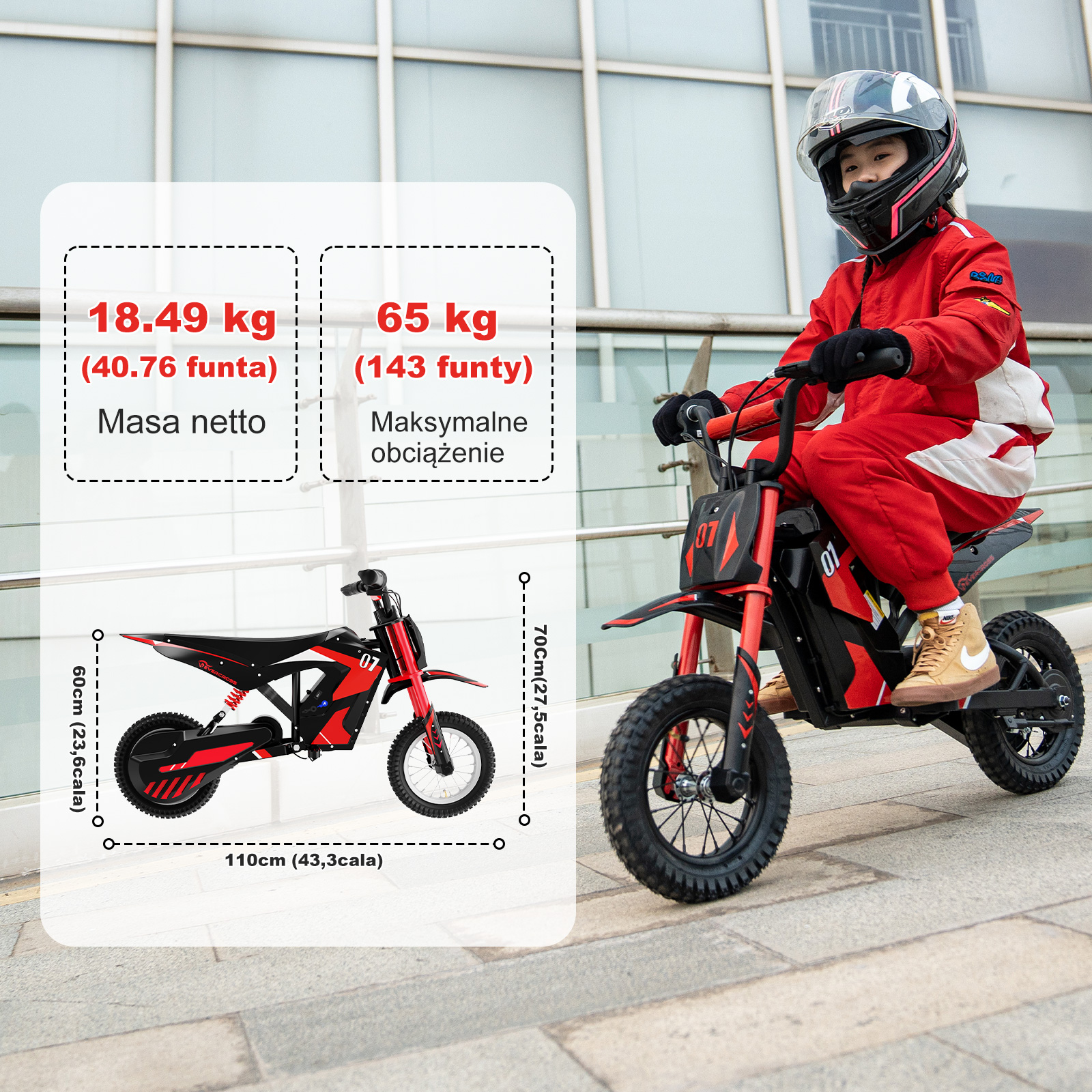 Mały chłopiec na czerwono-czarnym motocyklu elektrycznym, ze specyfikacjami wyświetlonymi po lewej stronie.