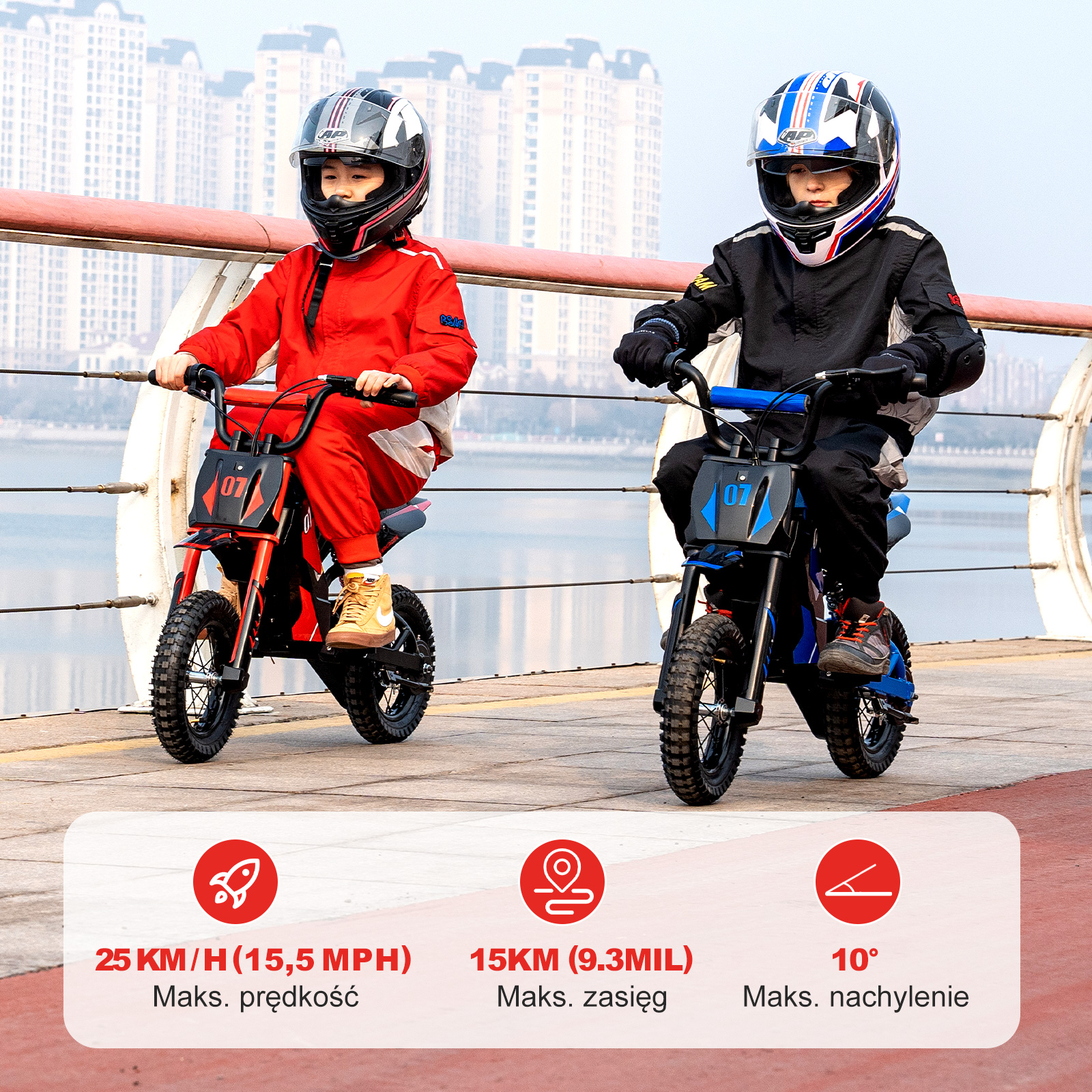 Dwoje dzieci jeżdżących na motocyklach elektrycznych na torze ze wskaźnikami wydajności poniżej.