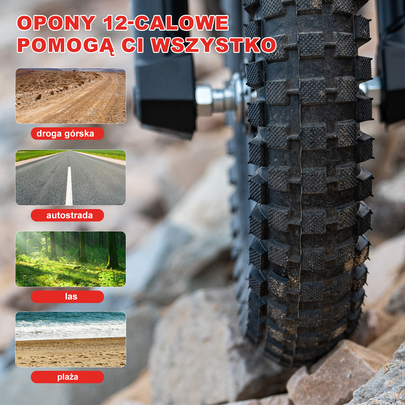 Zbliżenie opony motocyklowej i jej bieżnika, ze zdjęciami różnych terenów do jej użytkowania.