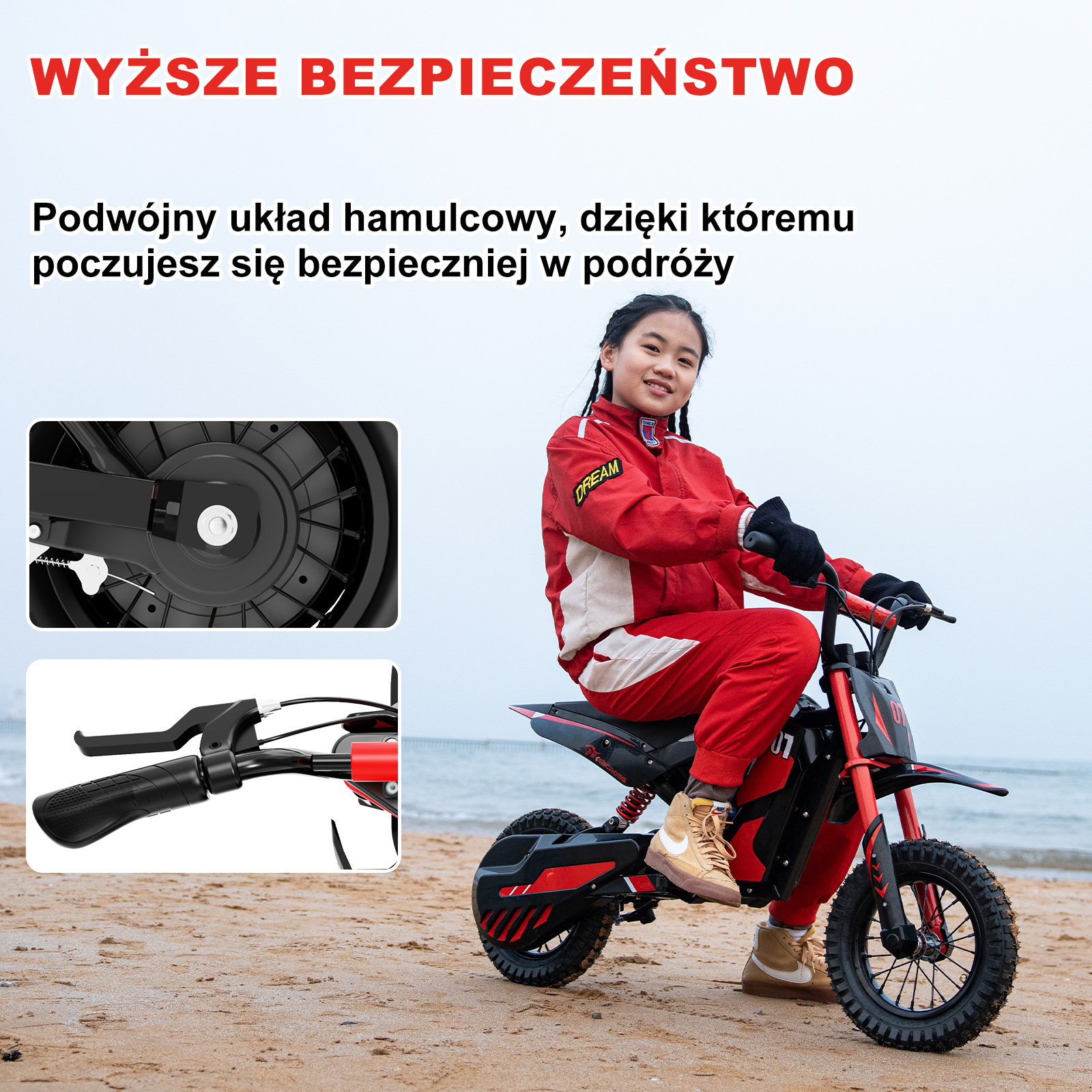Dziewczyna w czerwieni jadąca na czerwono-czarnym mini motocyklu. Zdjęcie pokazuje szczegóły układu hamulcowego motocykla.