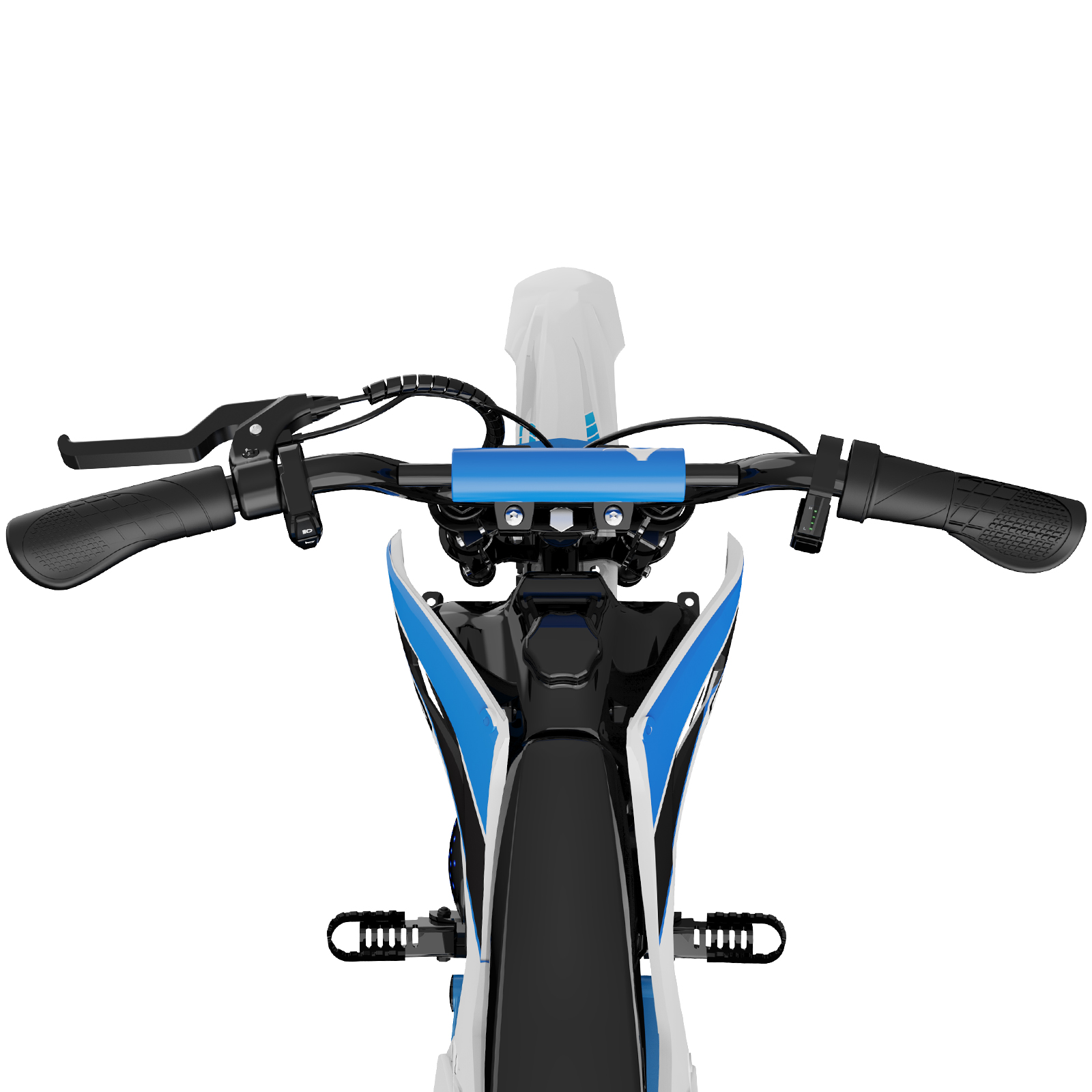 Widok z góry na niebiesko-czarny mini motocykl. Widoczne są kierownica, elementy sterujące i przednia owiewka.