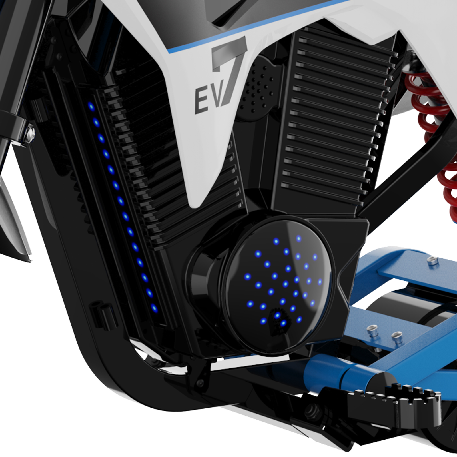 Zbliżenie silnika elektrycznego motocykla elektrycznego, pokazujące niebieskie światła.