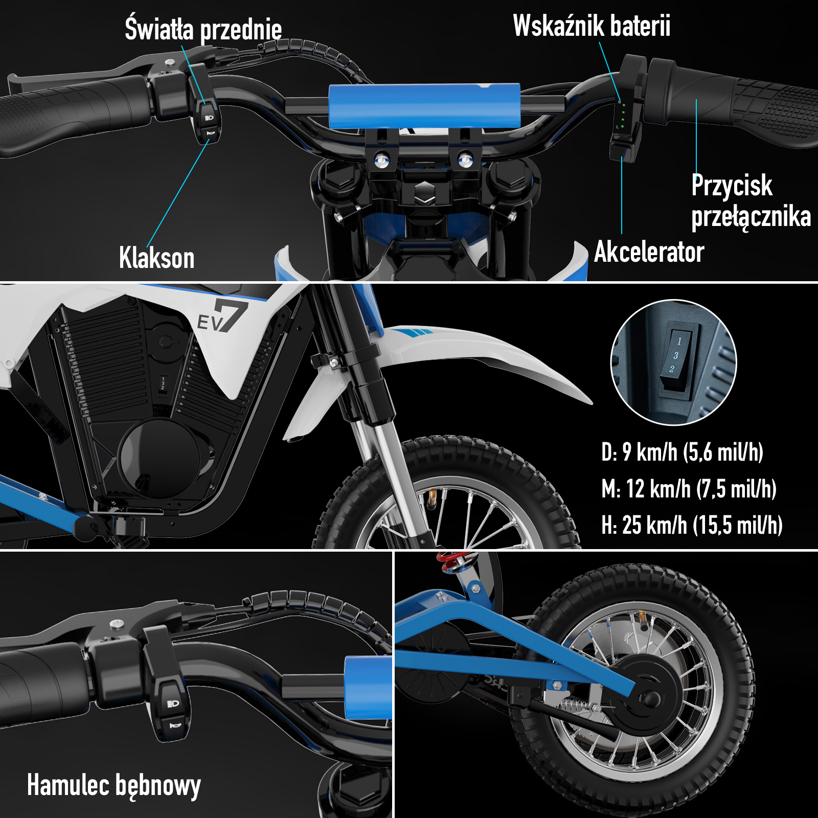 Zbliżenia detali niebiesko-czarnego mini motocykla. Zawiera kierownicę, elementy sterujące i różne ustawienia prędkości.