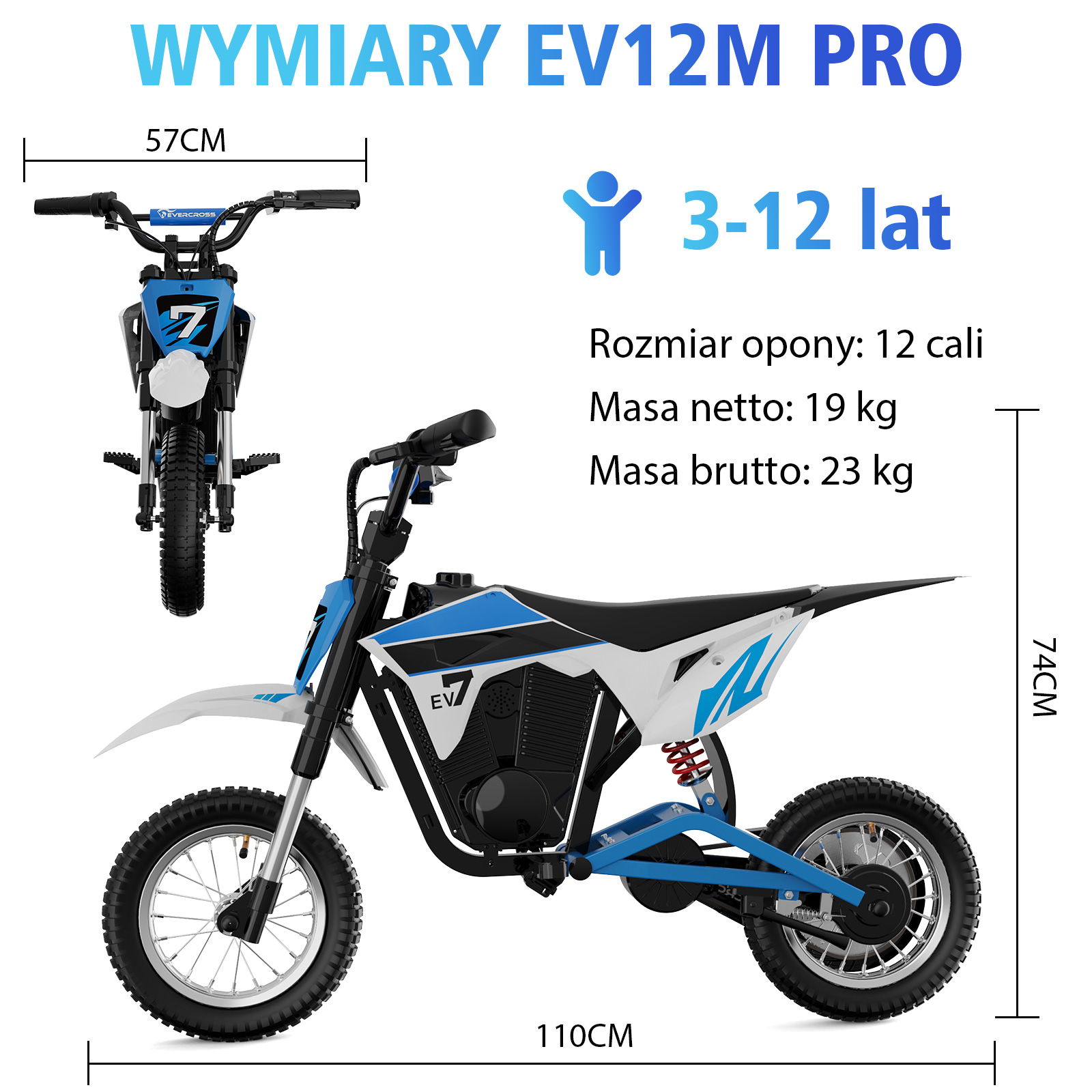 Schemat motocykla elektrycznego z wymiarami i specyfikacjami oraz tekstem.