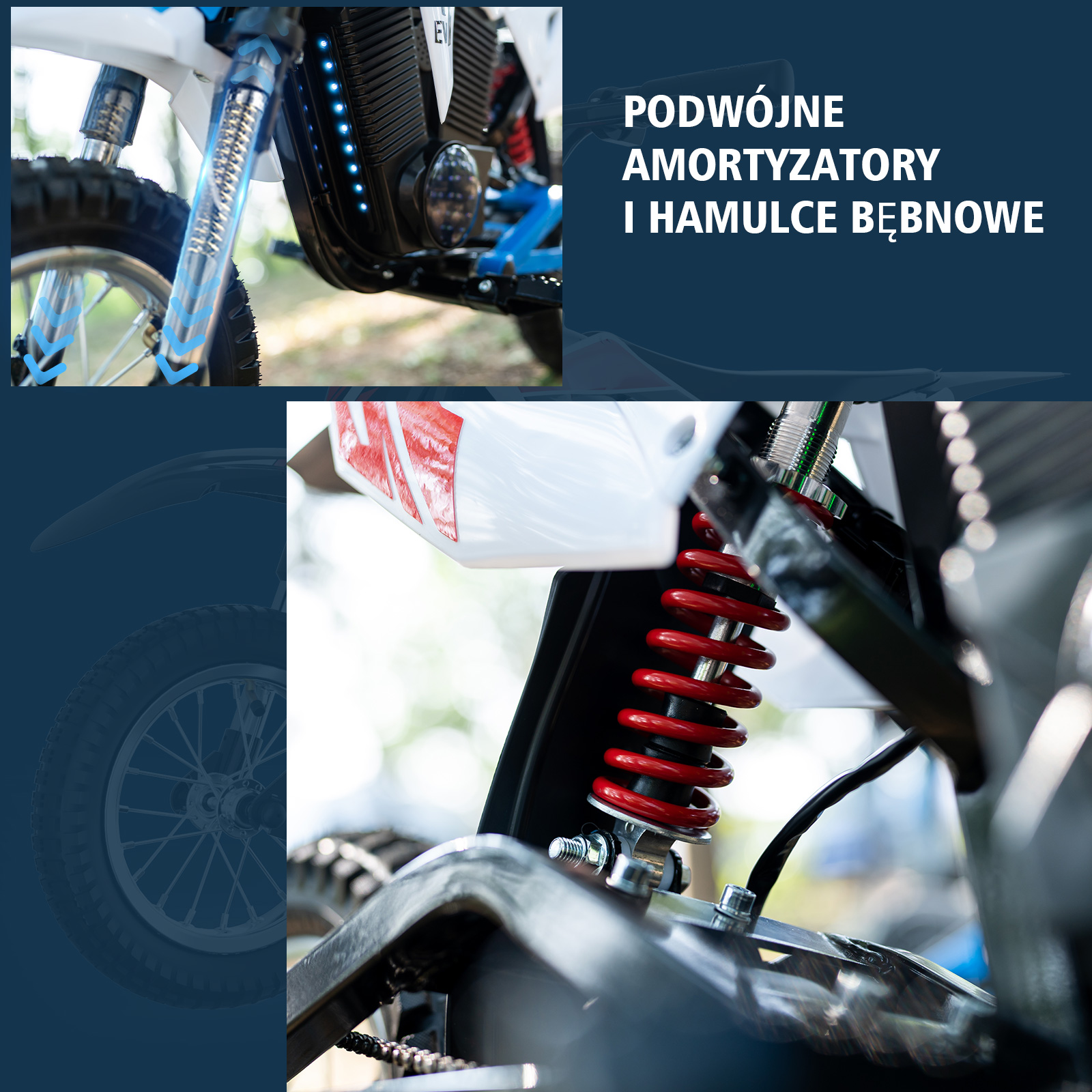 Zbliżenie zawieszenia i hamulców motocykla elektrycznego, z tekstem.