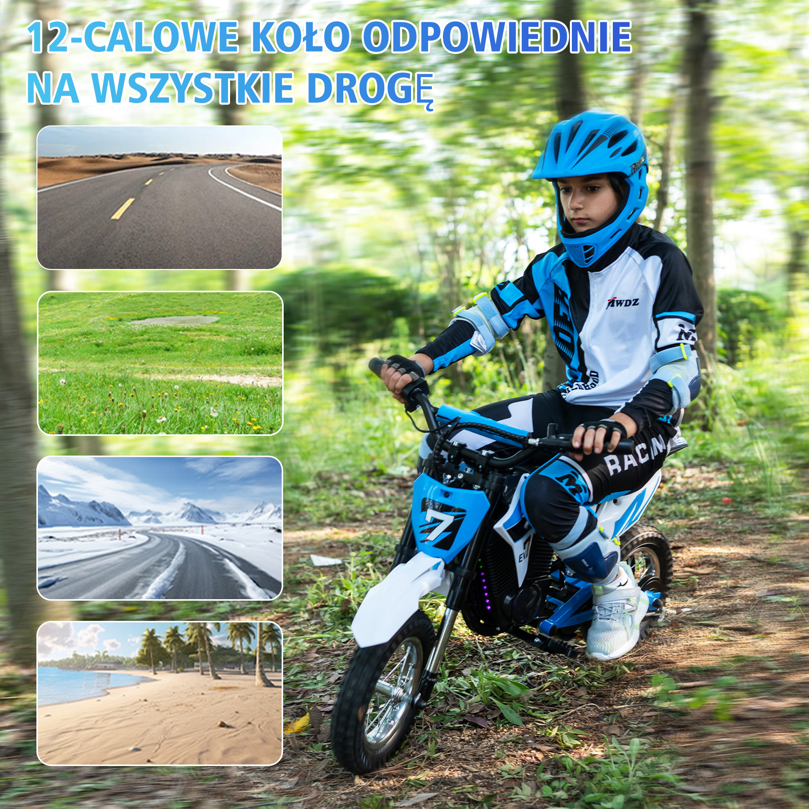Chłopiec jadący na niebieskim mini motocyklu na różnych terenach. Zdjęcia pokazują wszechstronność roweru na różnych nawierzchniach.
