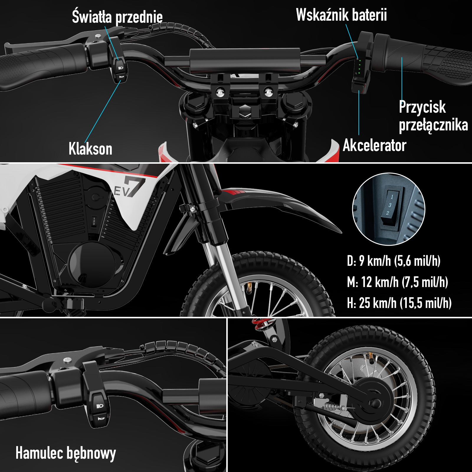Zbliżenia detali niebiesko-czarnego mini motocykla. Zawiera kierownicę, elementy sterujące i różne ustawienia prędkości.