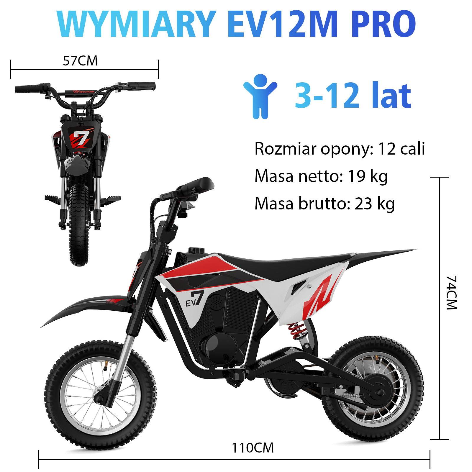 Schemat mini motocykla, z wymiarami i przedziałem wiekowym. Pokazuje wymiary i ogólny wygląd roweru.