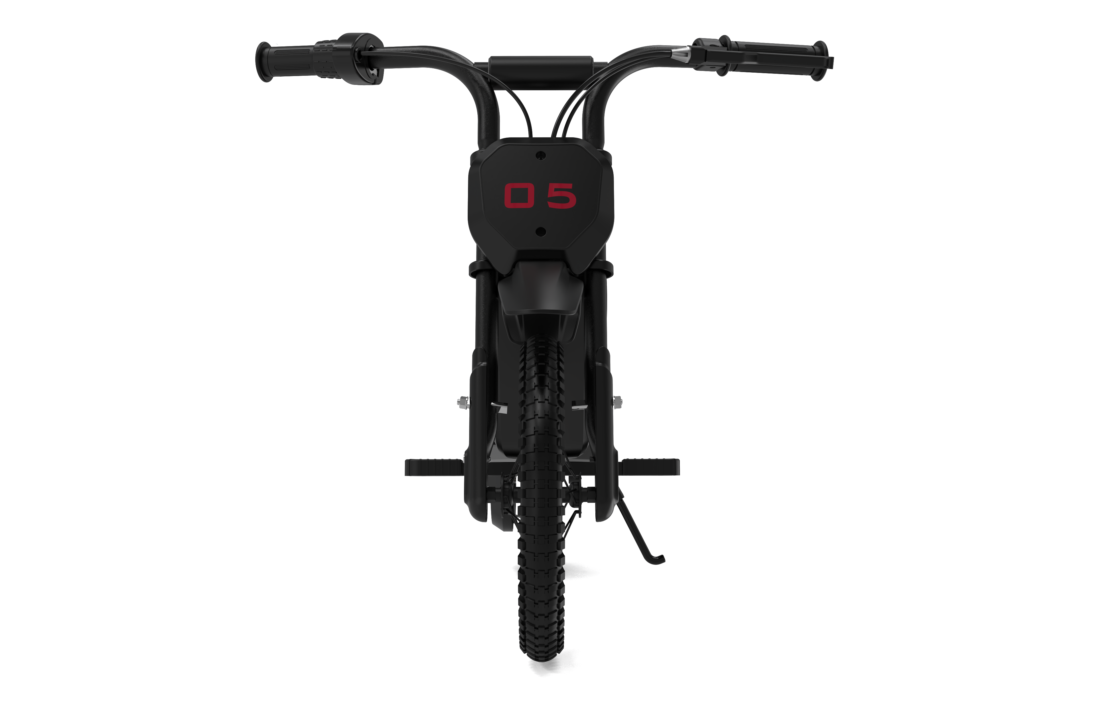 Widok z przodu czarnego mini motocykla z numerem "05" na czarnej owiewce; czarne tło.