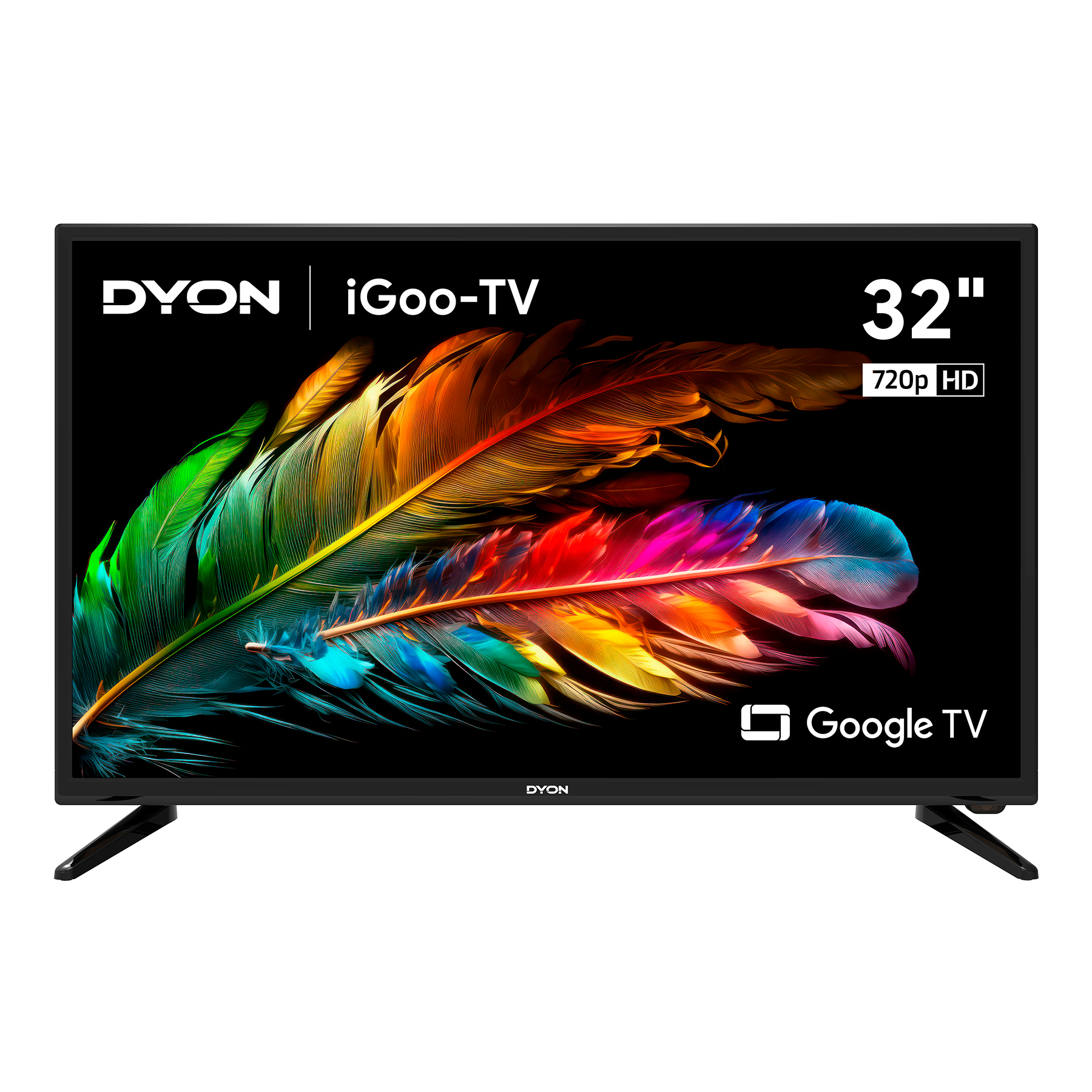 Ein schwarzer Fernsehbildschirm mit bunten Federn vor schwarzem Hintergrund, mit DYON- und Google TV-Branding.