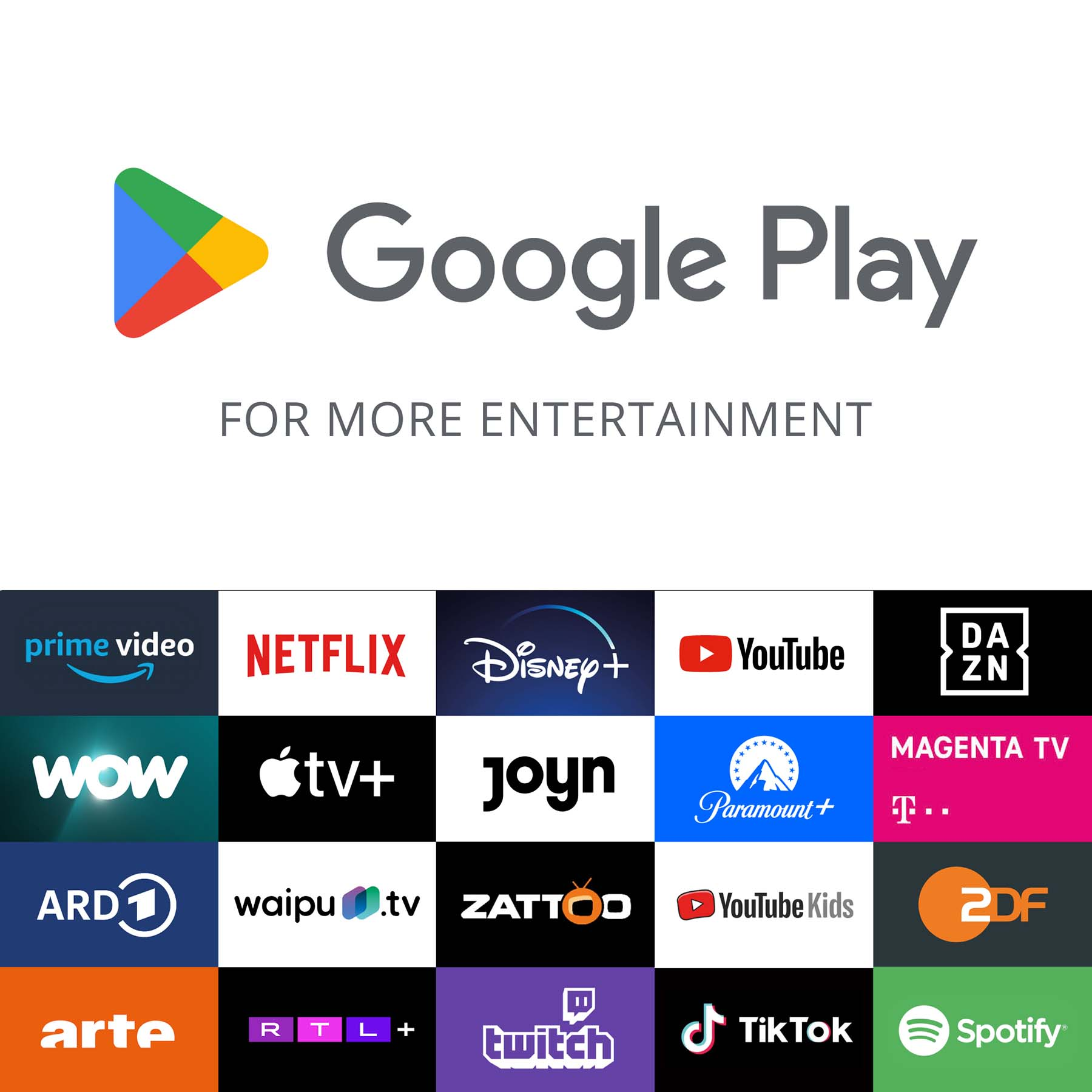 Google Play-Logo mit App-Symbolen, einschließlich Prime Video, Netflix, Disney+, YouTube und mehr, zur Unterhaltung.