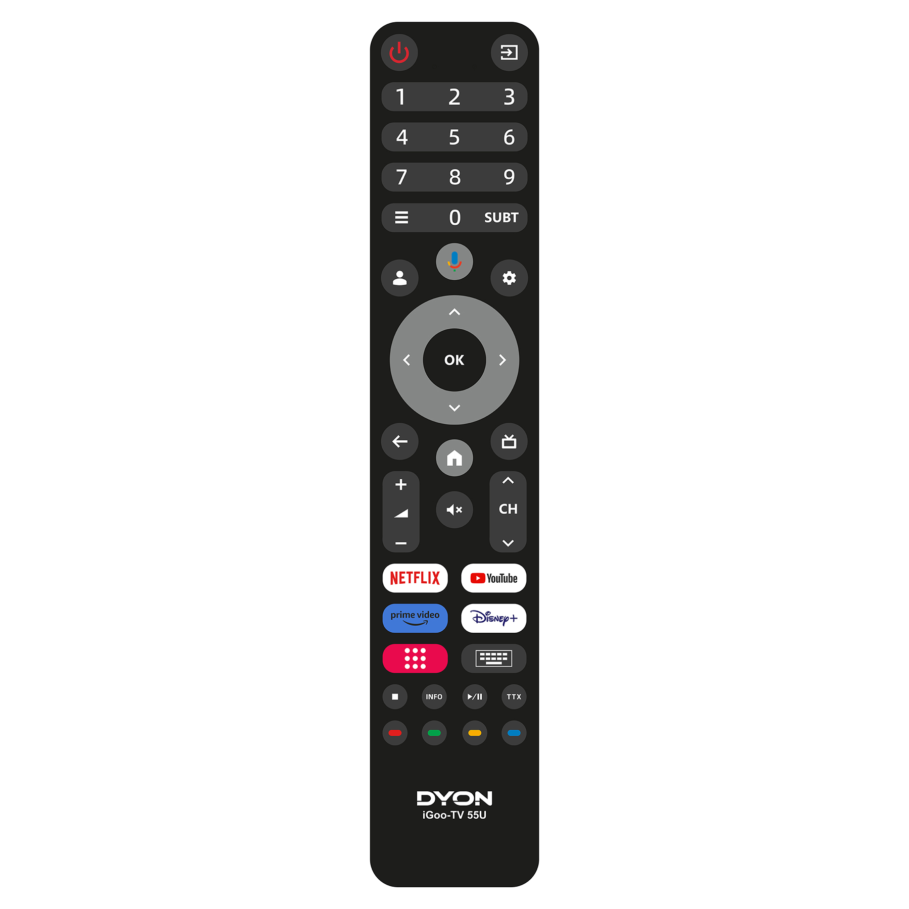 Eine schwarze TV-Fernbedienung mit nummerierten Tasten, Kanalsteuerung und Netflix-, YouTube- und Disney+-Tasten.