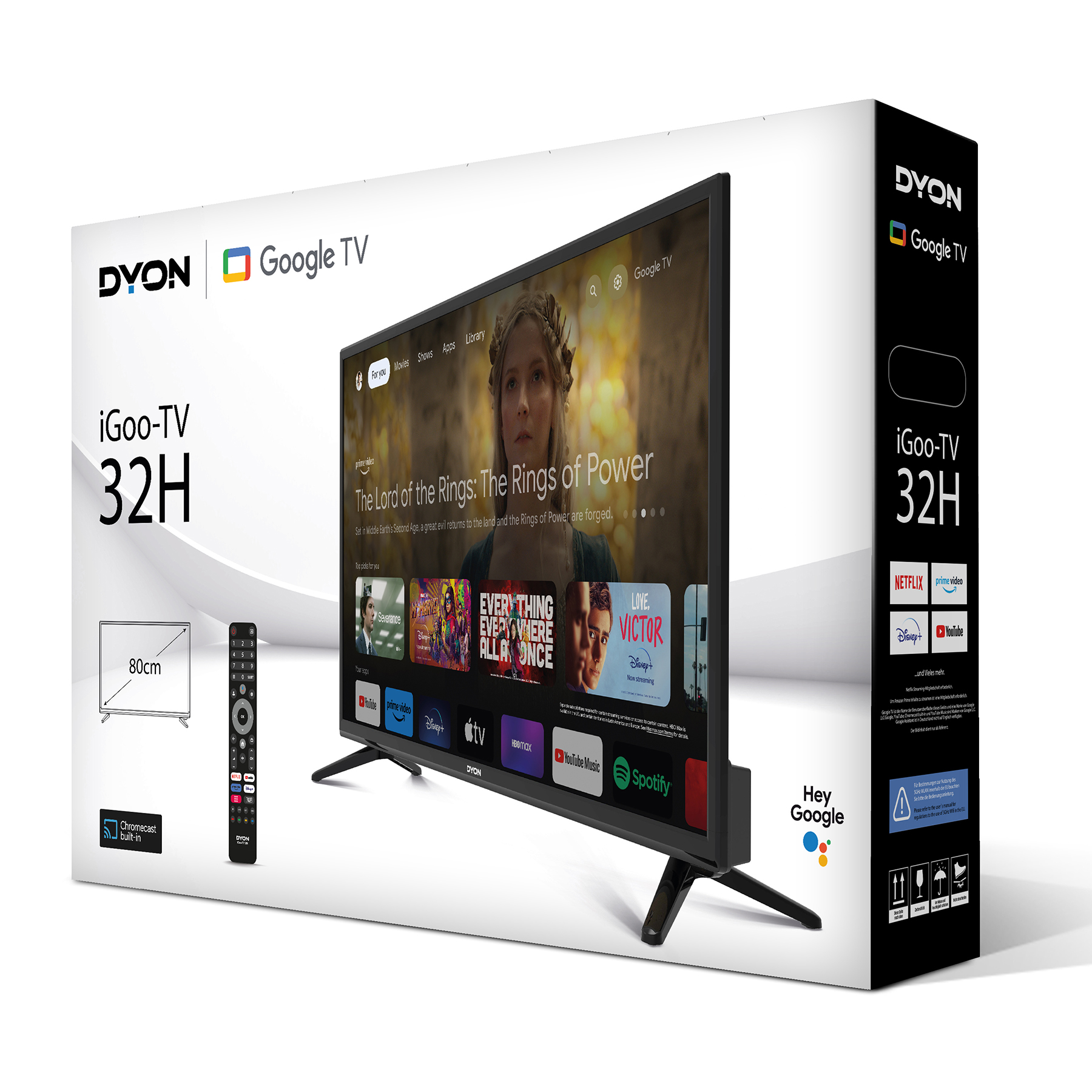 TV-Box mit einem TV, das eine Show zeigt, Fernbedienung und Google TV-Branding, mit Abmessungen und einem Warnhinweis.