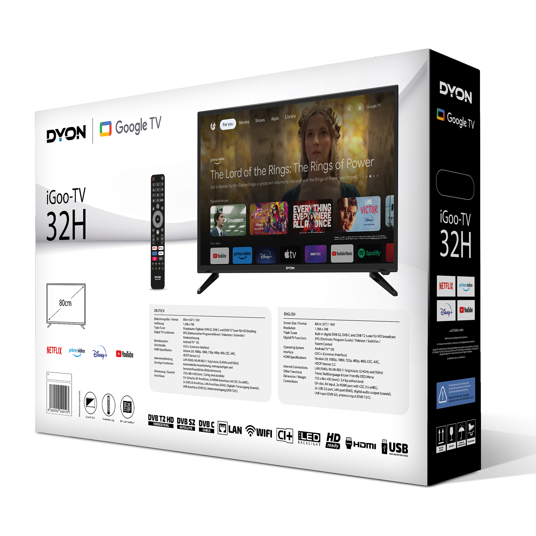 Box von Dyon iGOO-TV 32H, mit einem Fernsehbildschirm, der Ringe der Macht zeigt.