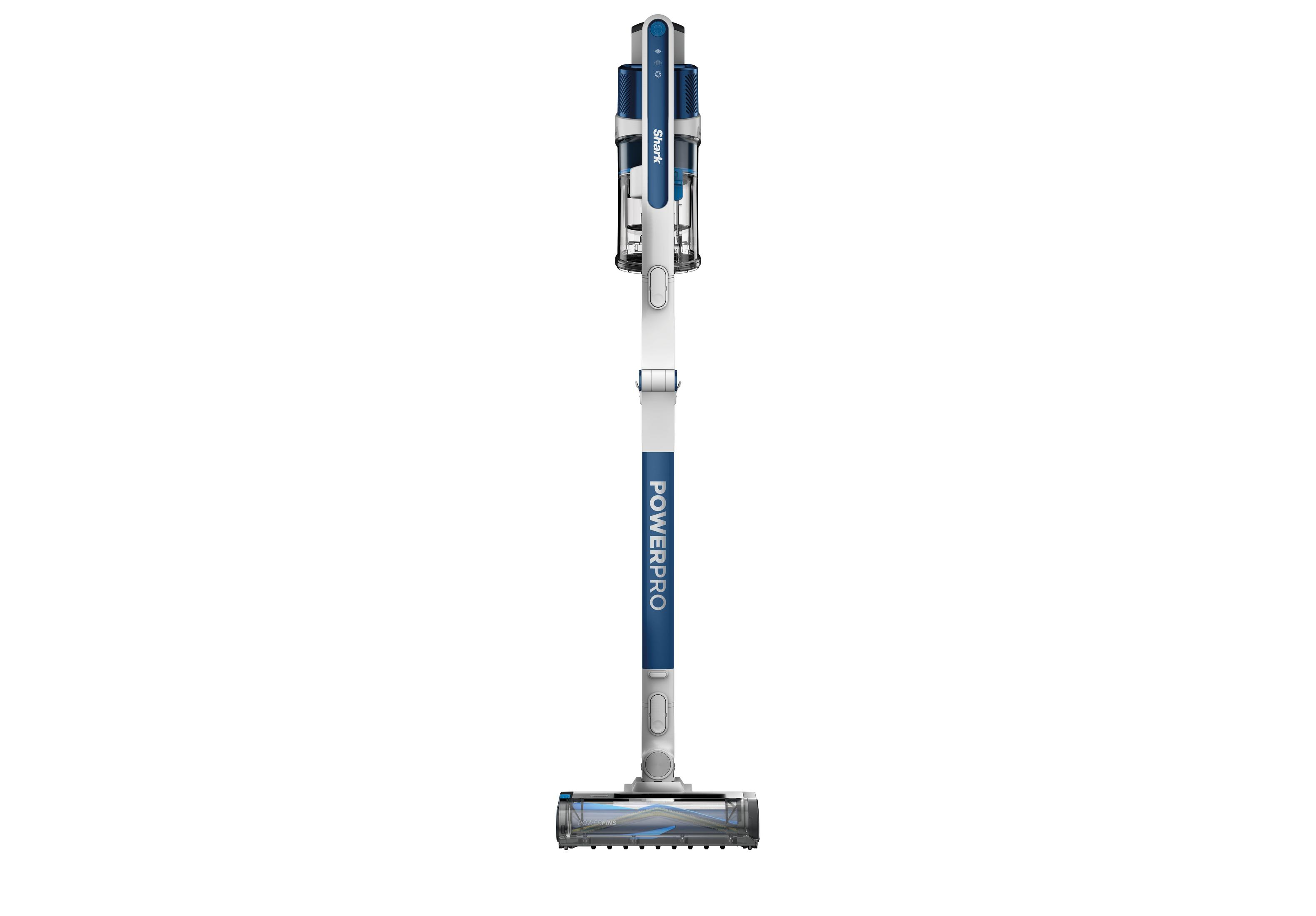 Un aspirapolvere PowerPro bianco e blu, sfondo bianco.
