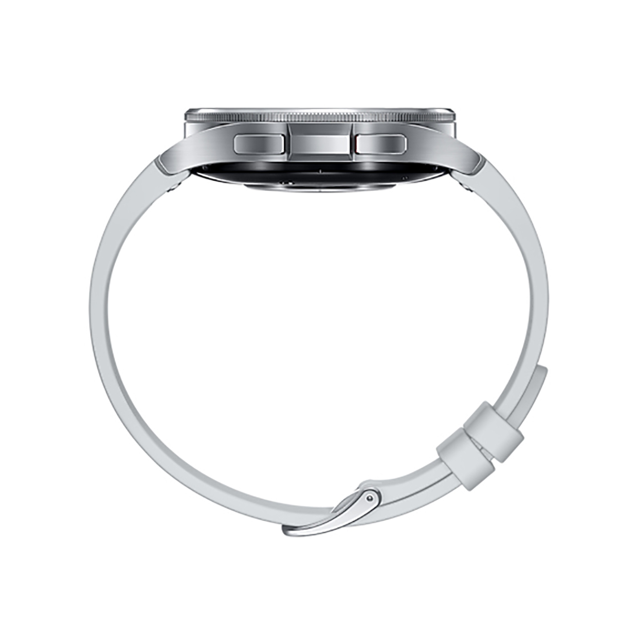 Zilveren Samsung smartwatch met een witte band, zijaanzicht, witte achtergrond.