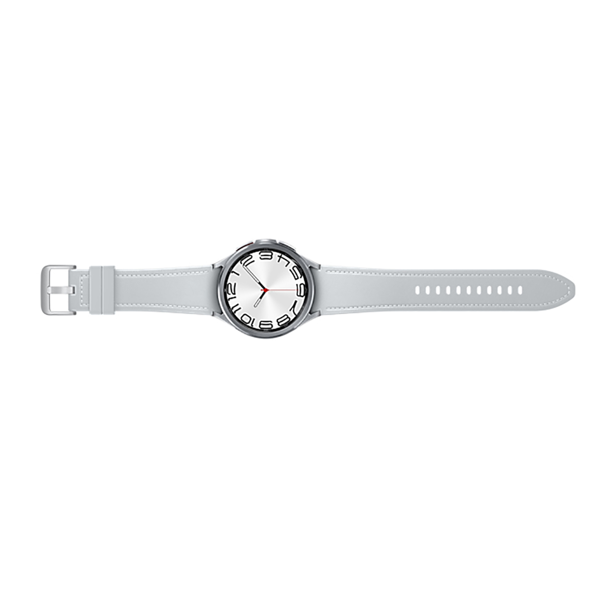 Een zilveren smartwatch met een lichtgrijze band, van bovenaf gezien, tegen een witte achtergrond.