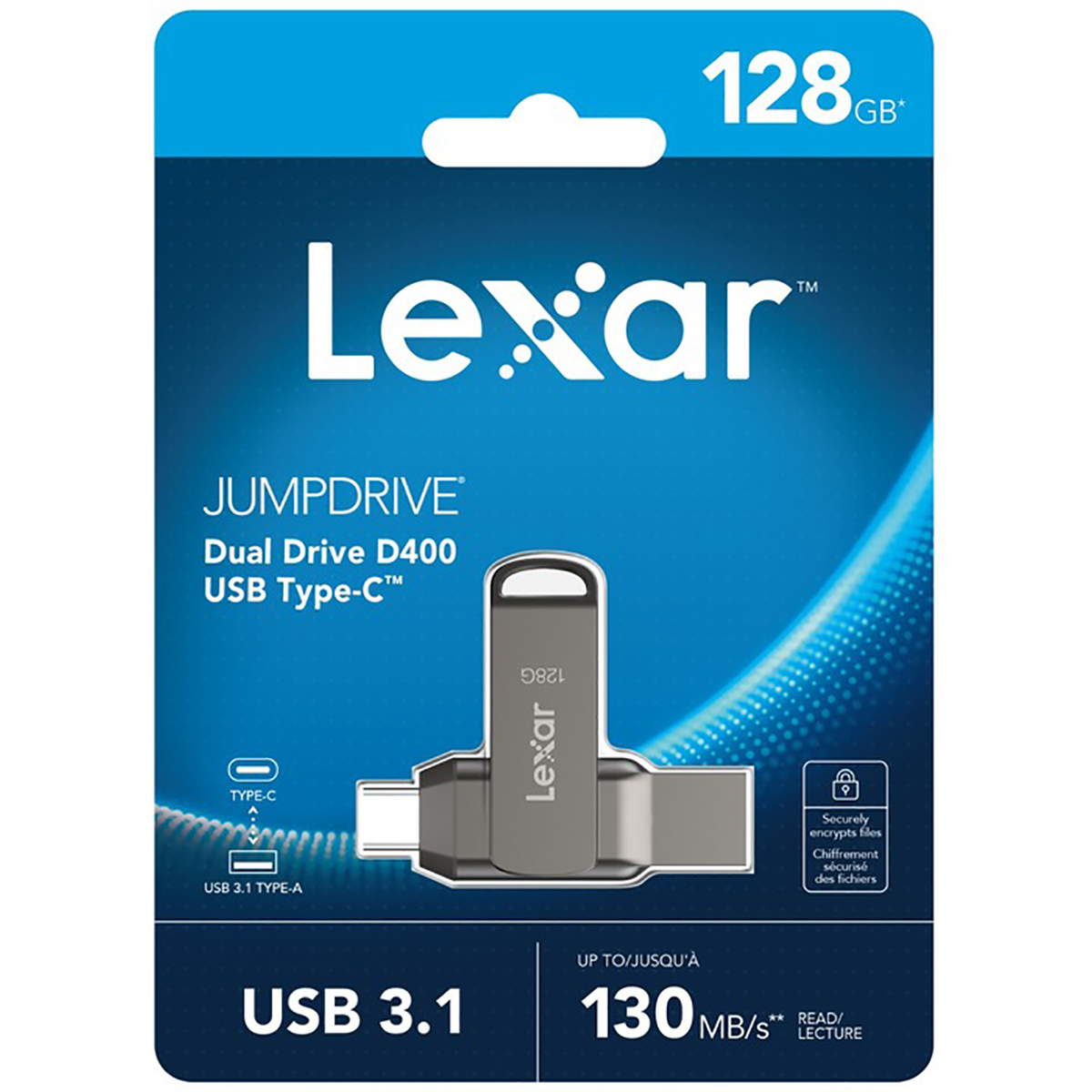 Opakowanie Lexar Jumpdrive z napędem USB, kolory niebieski, biały i czarny.