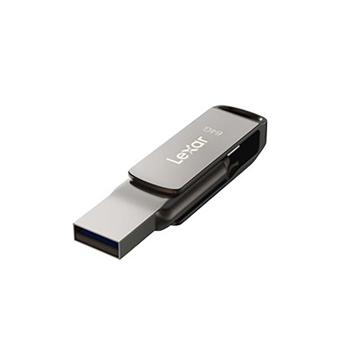 Une clé USB Lexar, corps argenté, dessus gris foncé, sur fond blanc.
