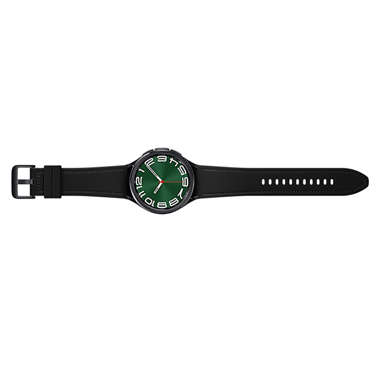 Smartwatch negra con esfera verde y correa negra, plana sobre una superficie blanca.