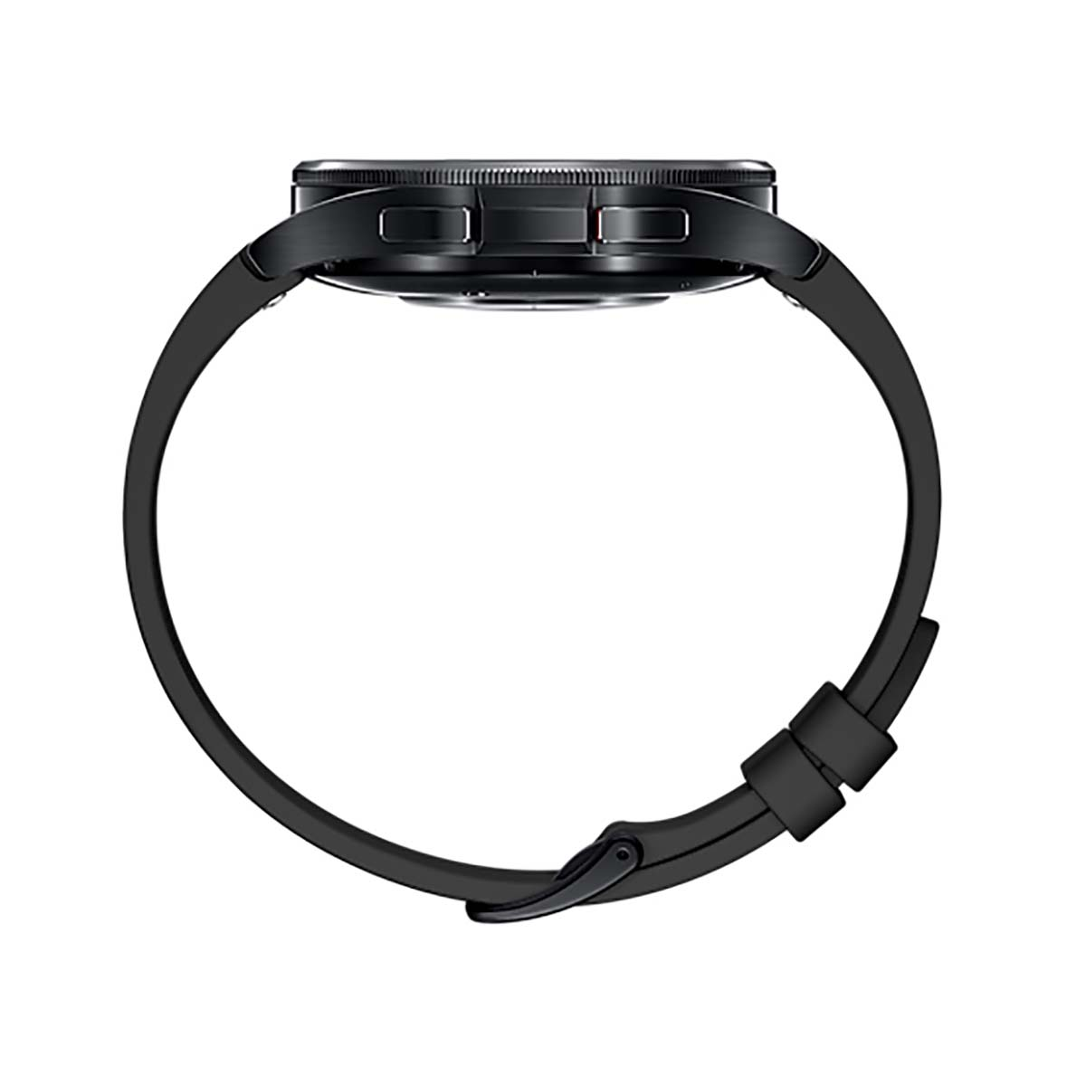 Reloj inteligente Samsung negro con correa negra, vista lateral, fondo blanco.