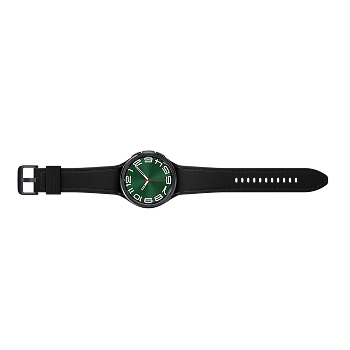 Un reloj negro con esfera verde. El reloj está en una correa negra. El fondo es blanco.
