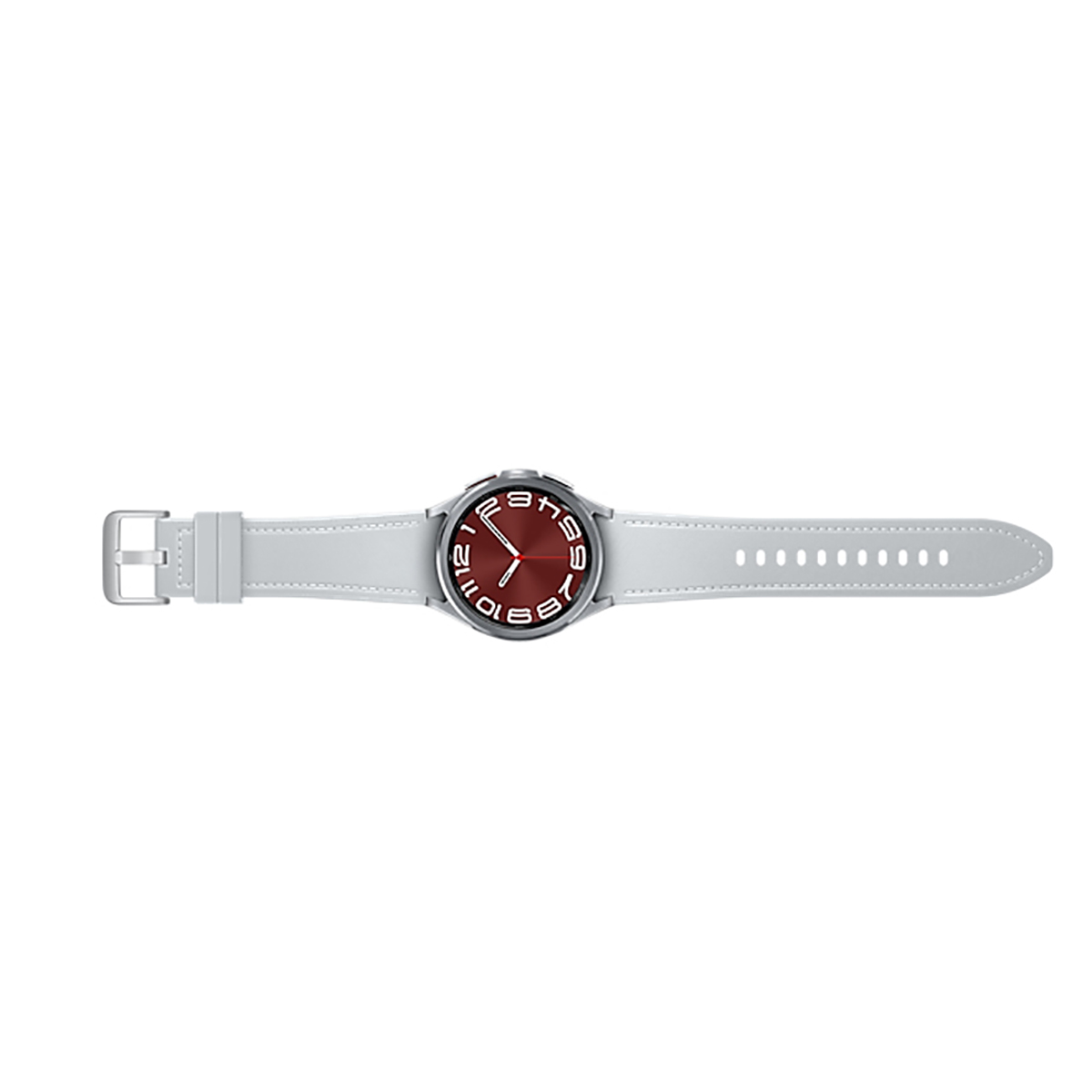 Smartwatch blanca con esfera roja y correa blanca, plana sobre superficie blanca.