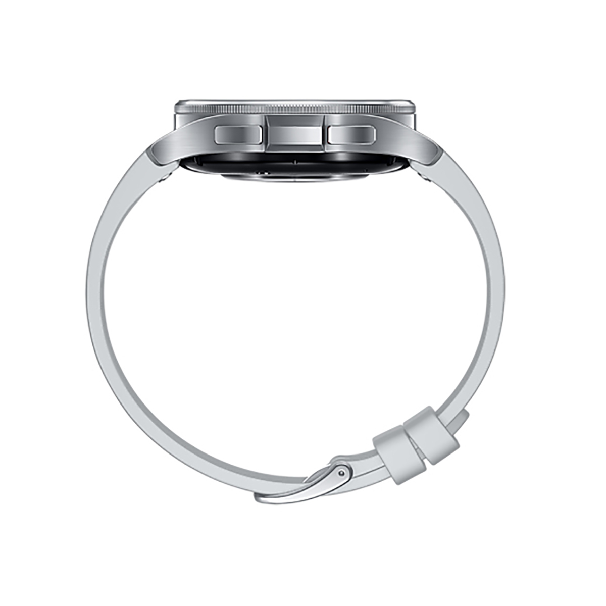 Vista lateral de un smartwatch plateado con correa blanca, sobre una superficie blanca.