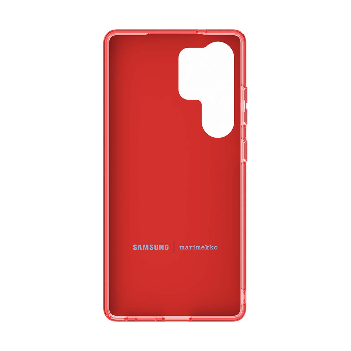Funda roja para teléfono con recorte para la cámara y las palabras SAMSUNG y marimekko.