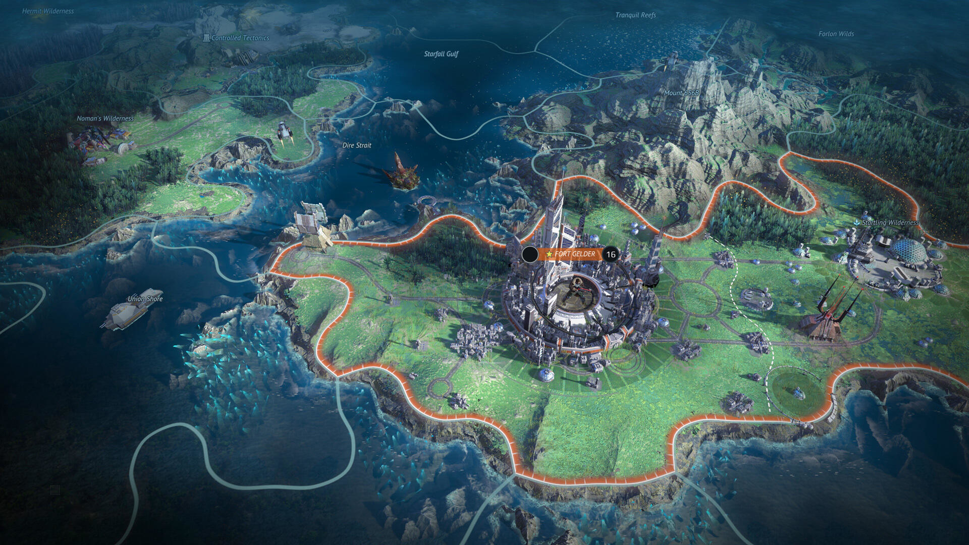 Eine Draufsicht auf eine Spielkarte mit verschiedenen Territorien und einer zentralen befestigten Stadt.