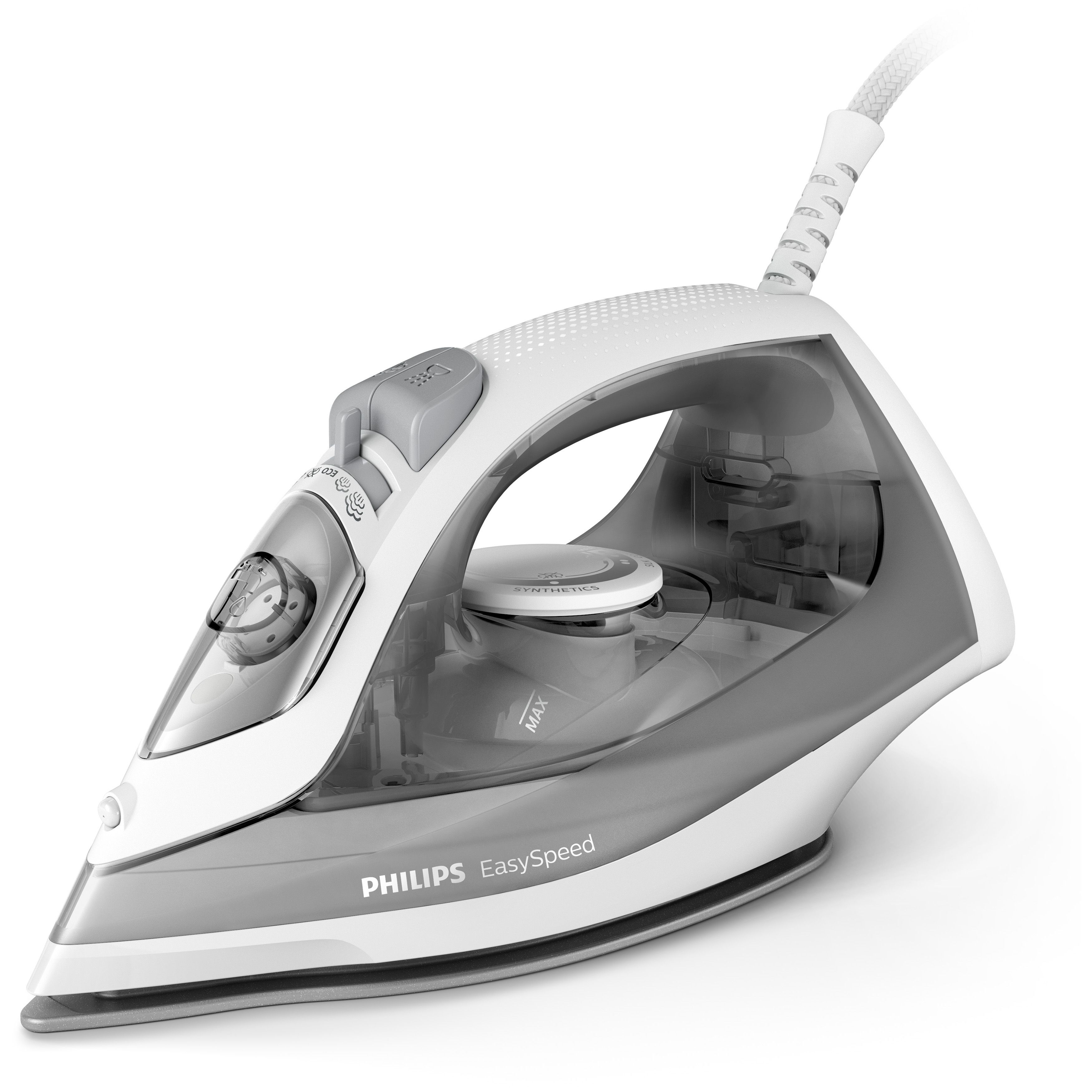 Plancha Philips EasySpeed blanca y gris con depósito de agua transparente.